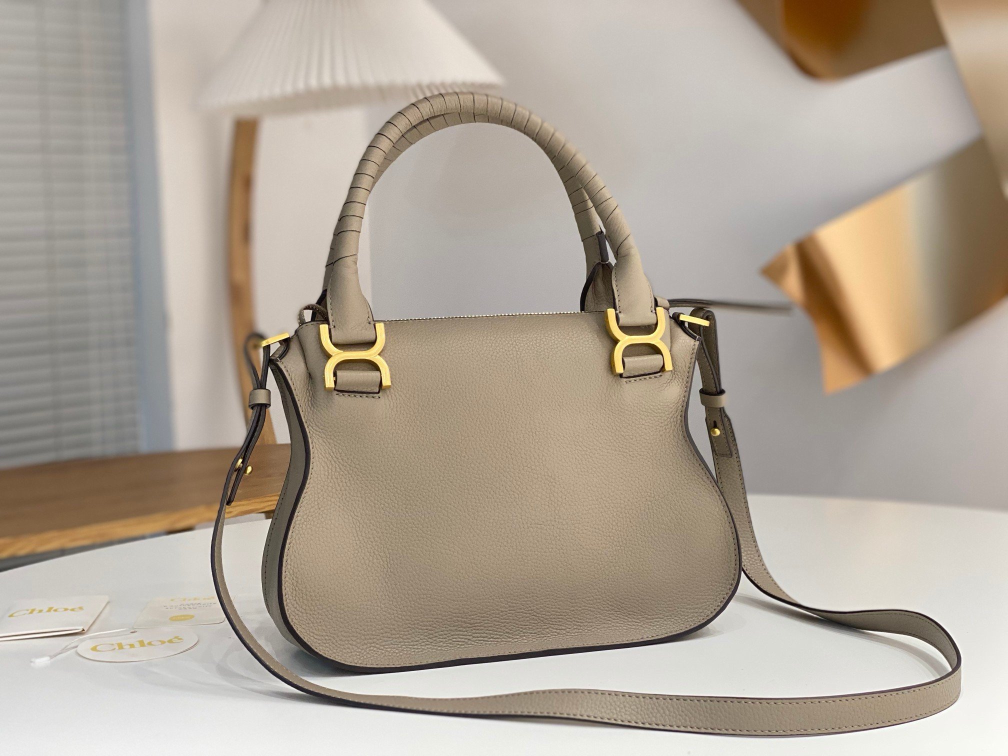 Chloe Marcie Small Double Carry Bag in Sand Grained Leather