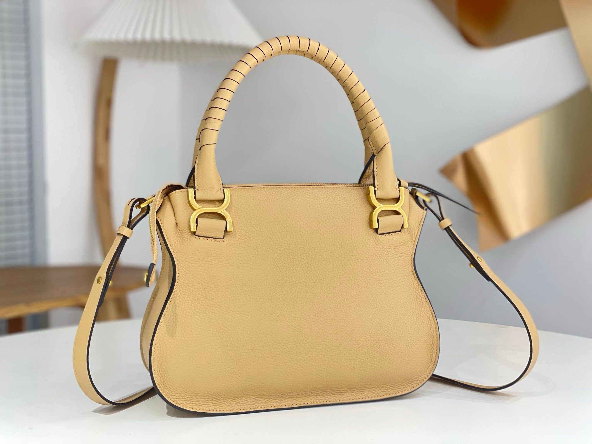 Chloe Marcie Small Double Carry Bag in Beige Grained Leather