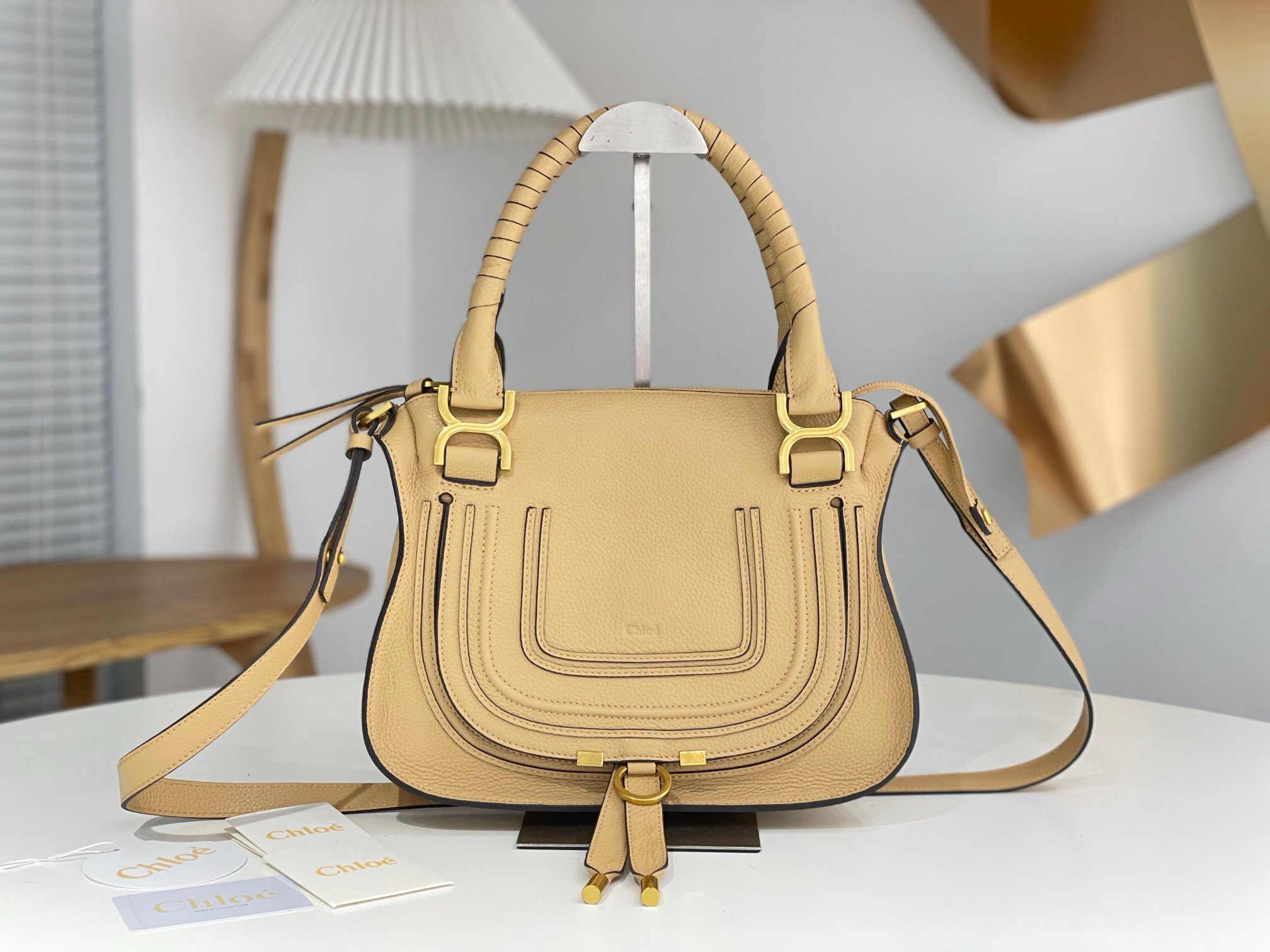 Chloe Marcie Small Double Carry Bag in Beige Grained Leather