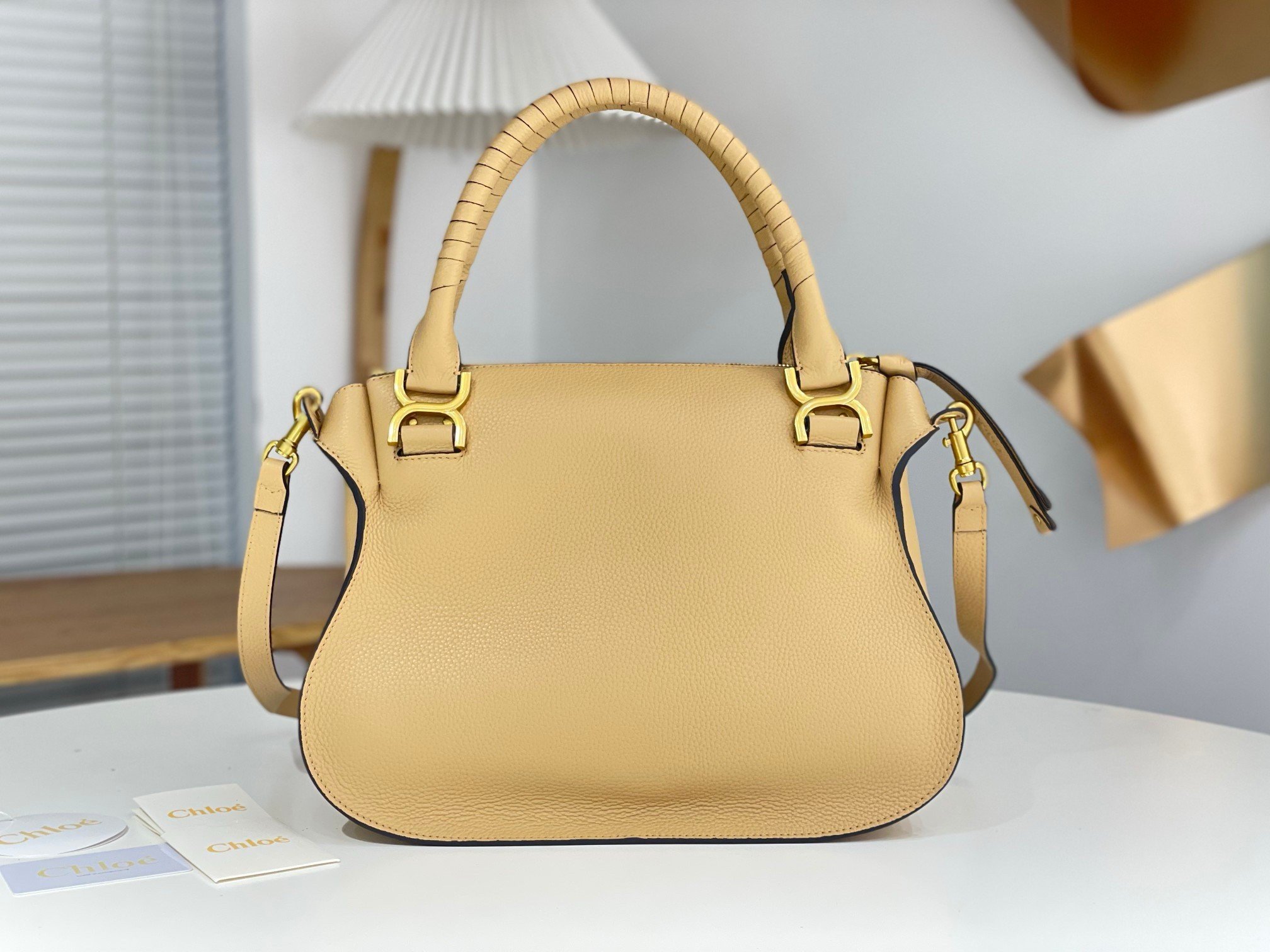 Chloe Marcie Medium Double Carry Bag in Beige Grained Leather