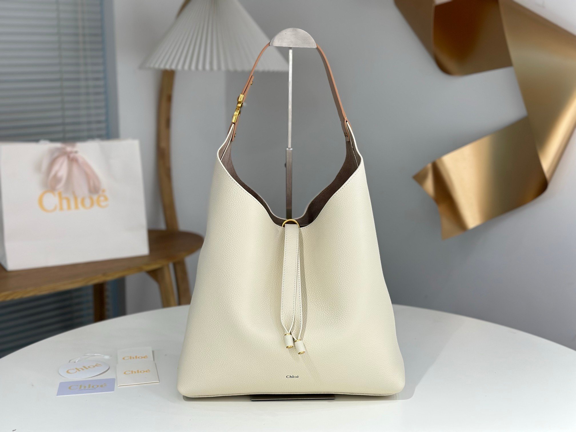 Chloe Marcie Hobo Bag in White Grained Leather