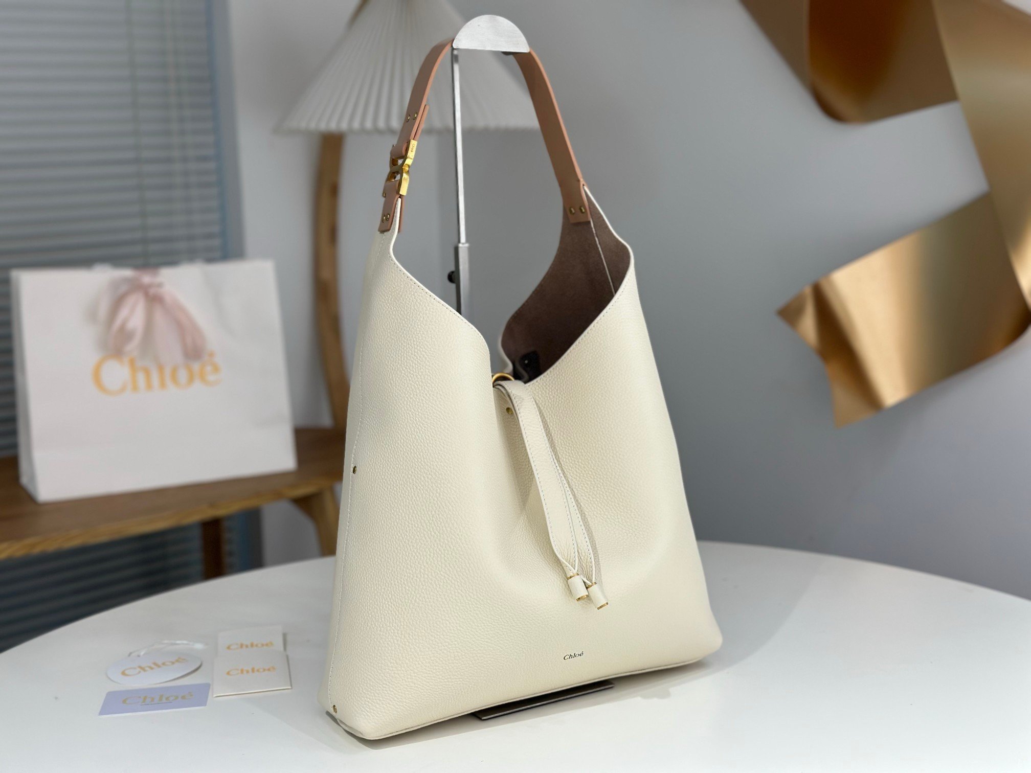 Chloe Marcie Hobo Bag in White Grained Leather