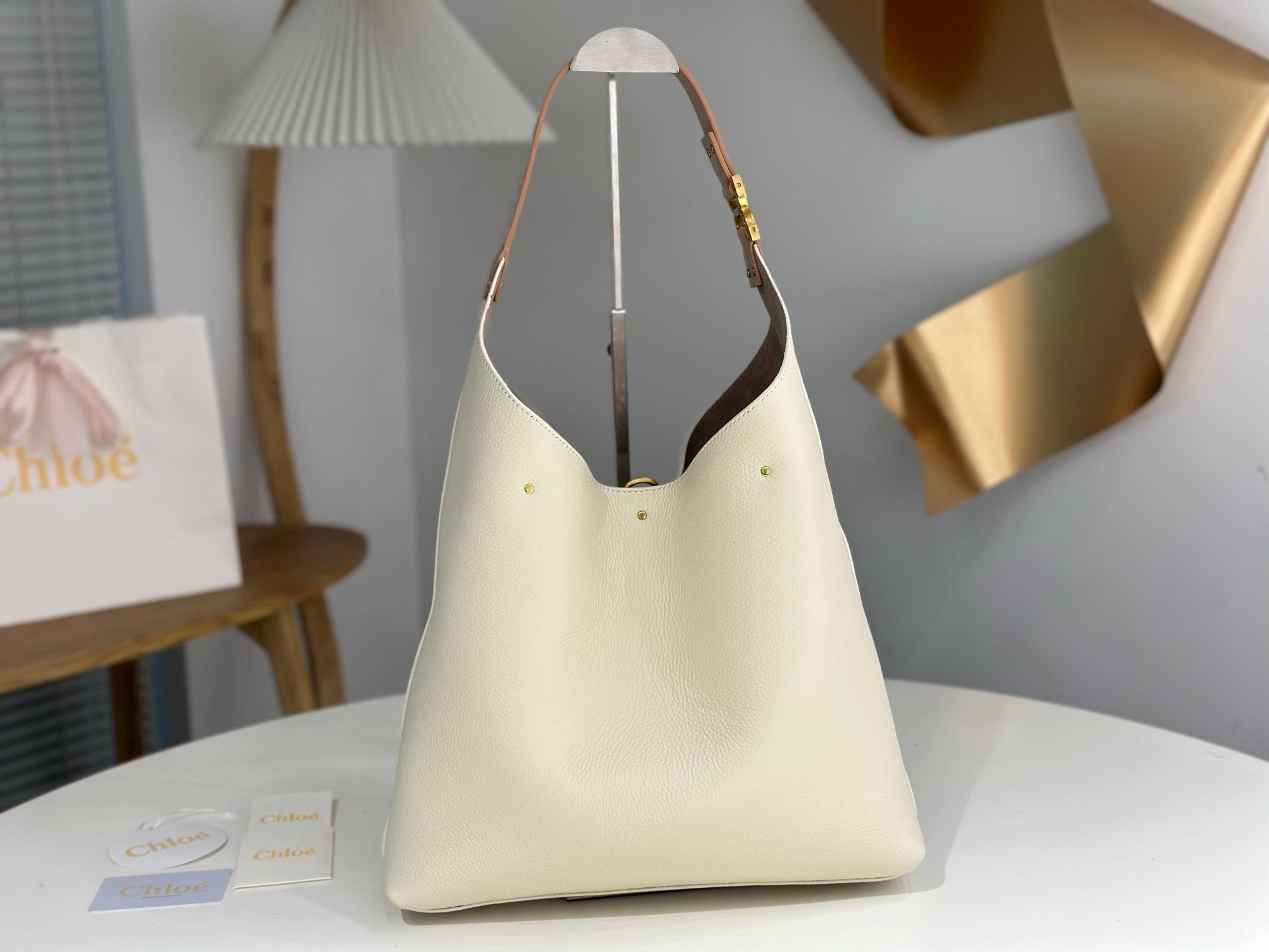 Chloe Marcie Hobo Bag in White Grained Leather