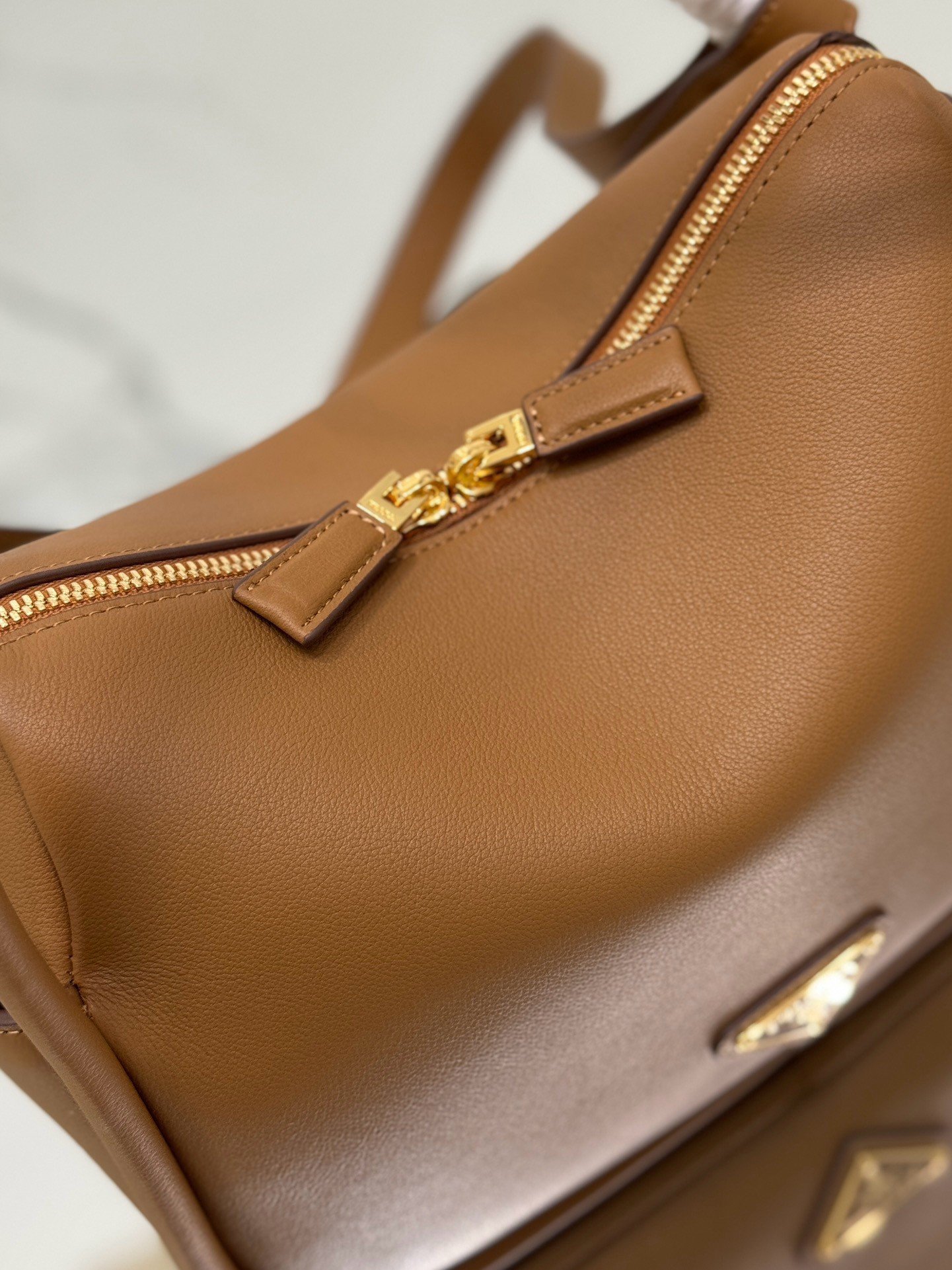 Prada Top Handle Bag in Caramel Grained Leather