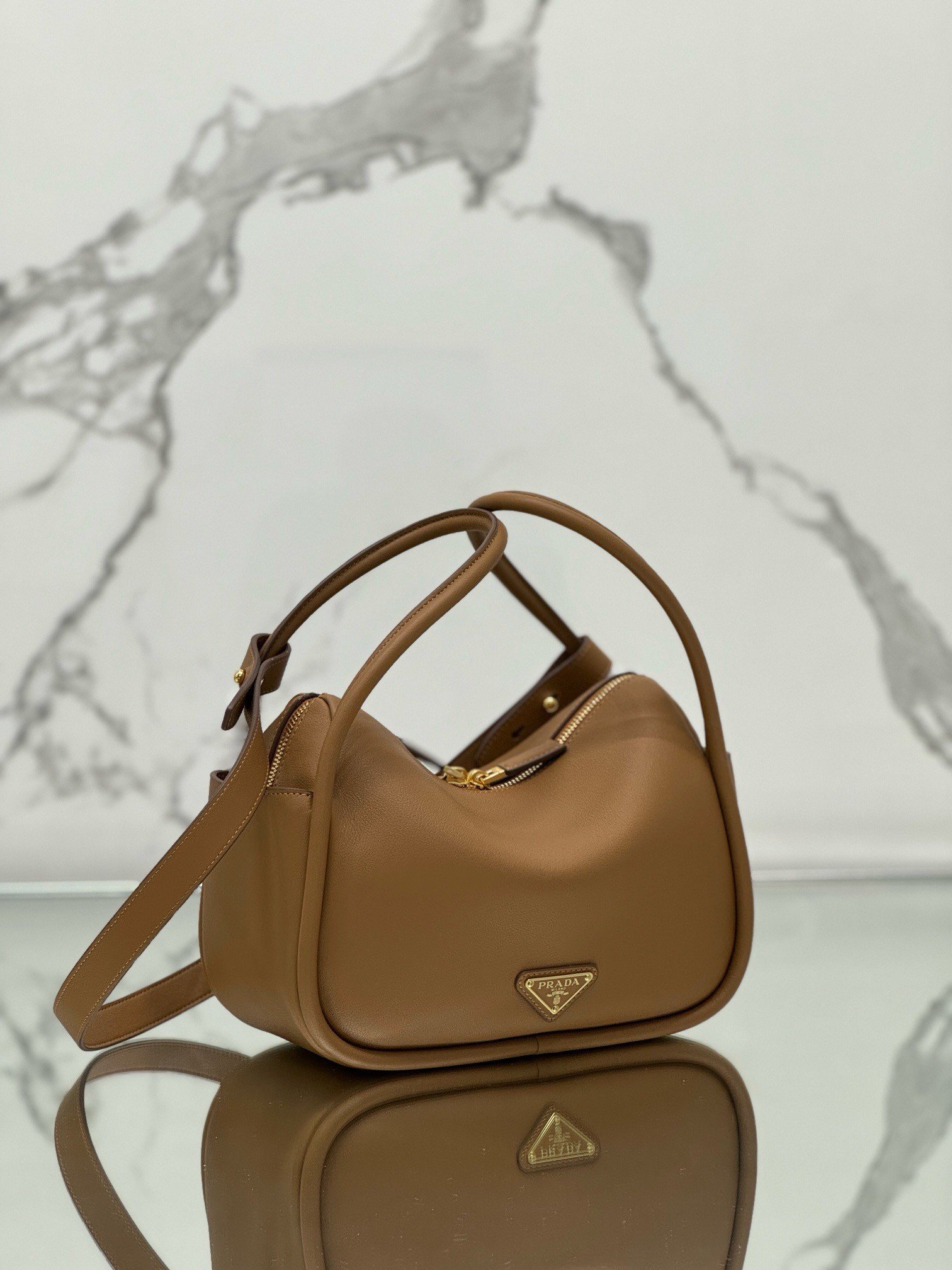 Prada Top Handle Bag in Caramel Grained Leather