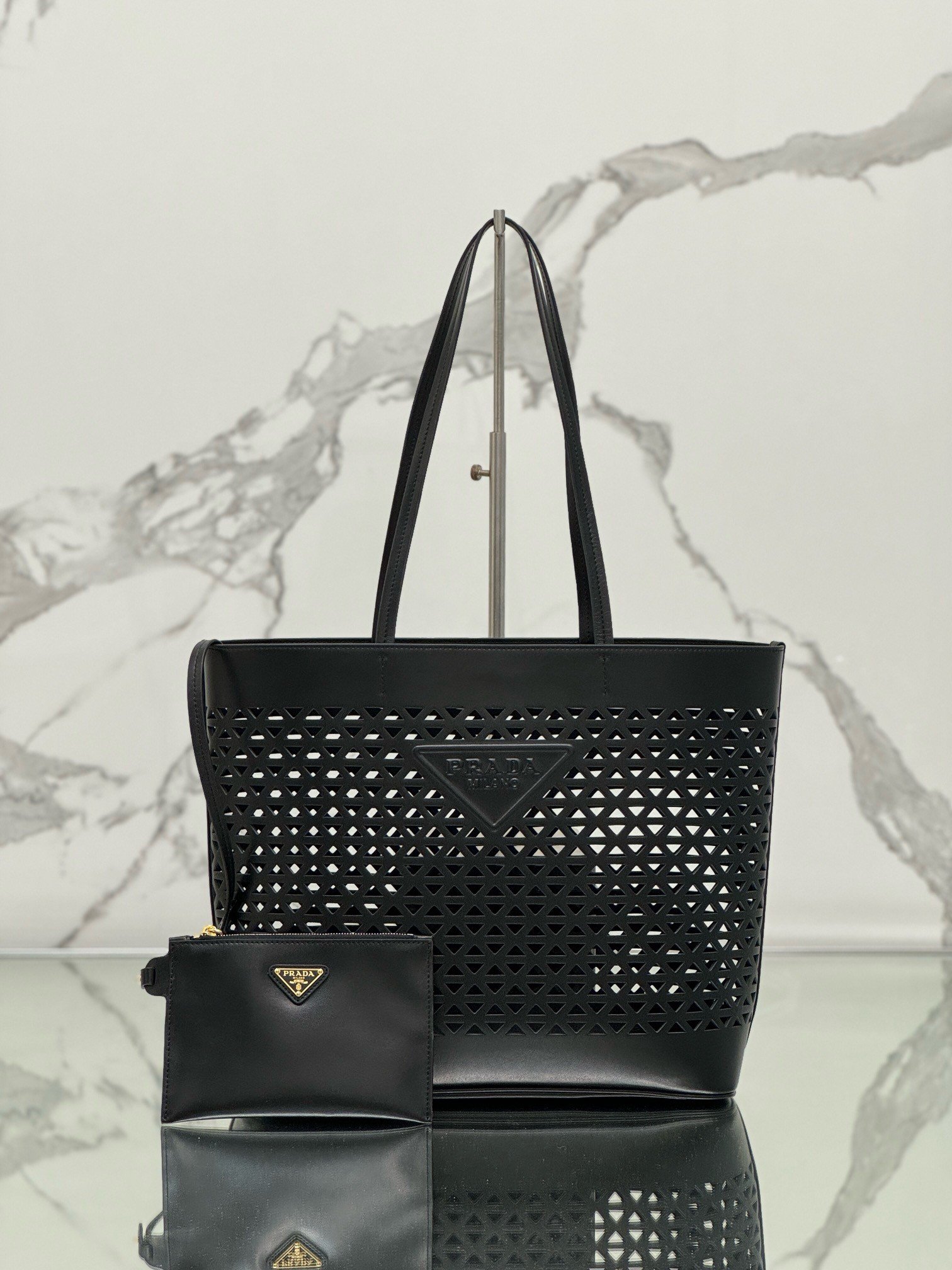 Prada Large Tote Bag in Black Perforated Leather