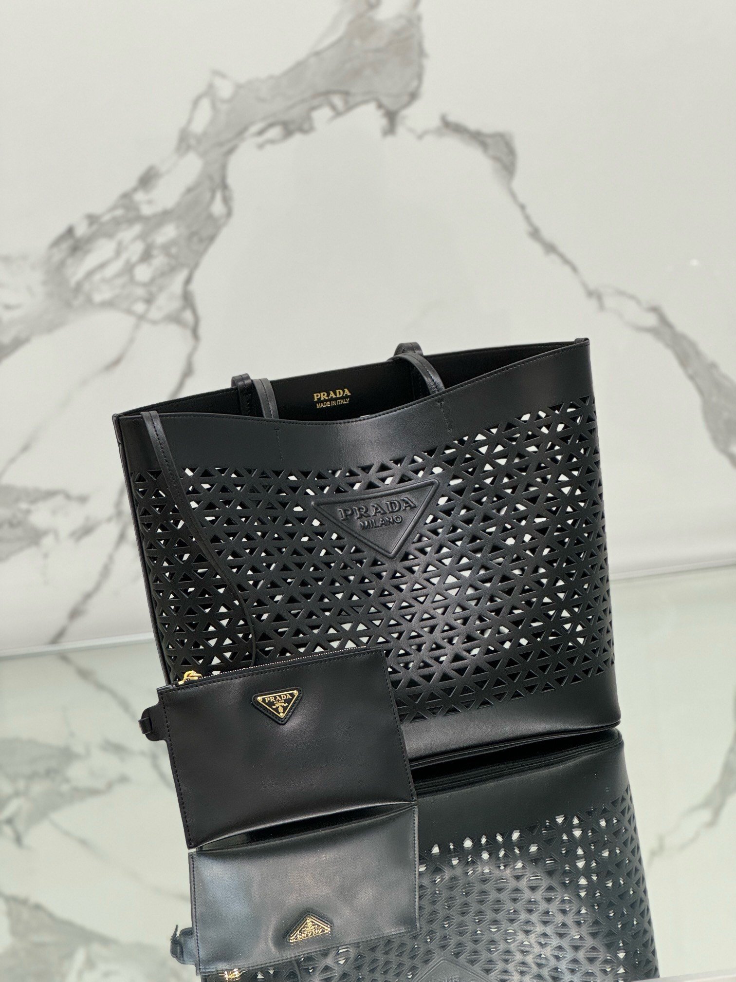 Prada Large Tote Bag in Black Perforated Leather