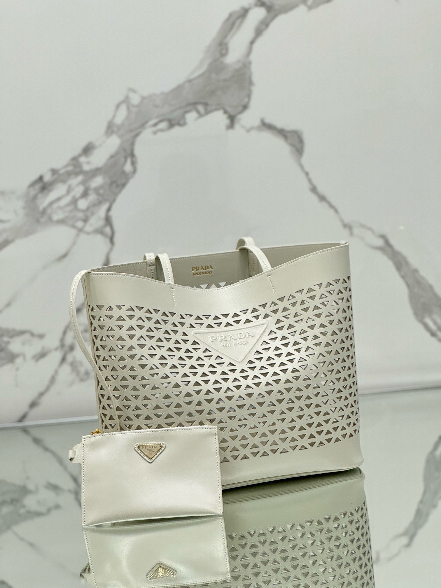 Prada Large Tote Bag in White Perforated Leather