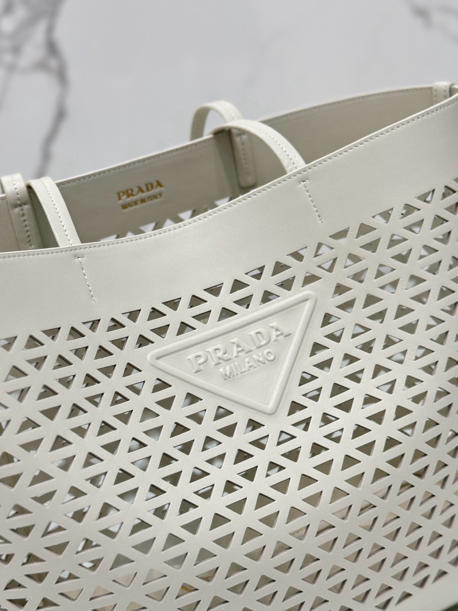 Prada Large Tote Bag in White Perforated Leather