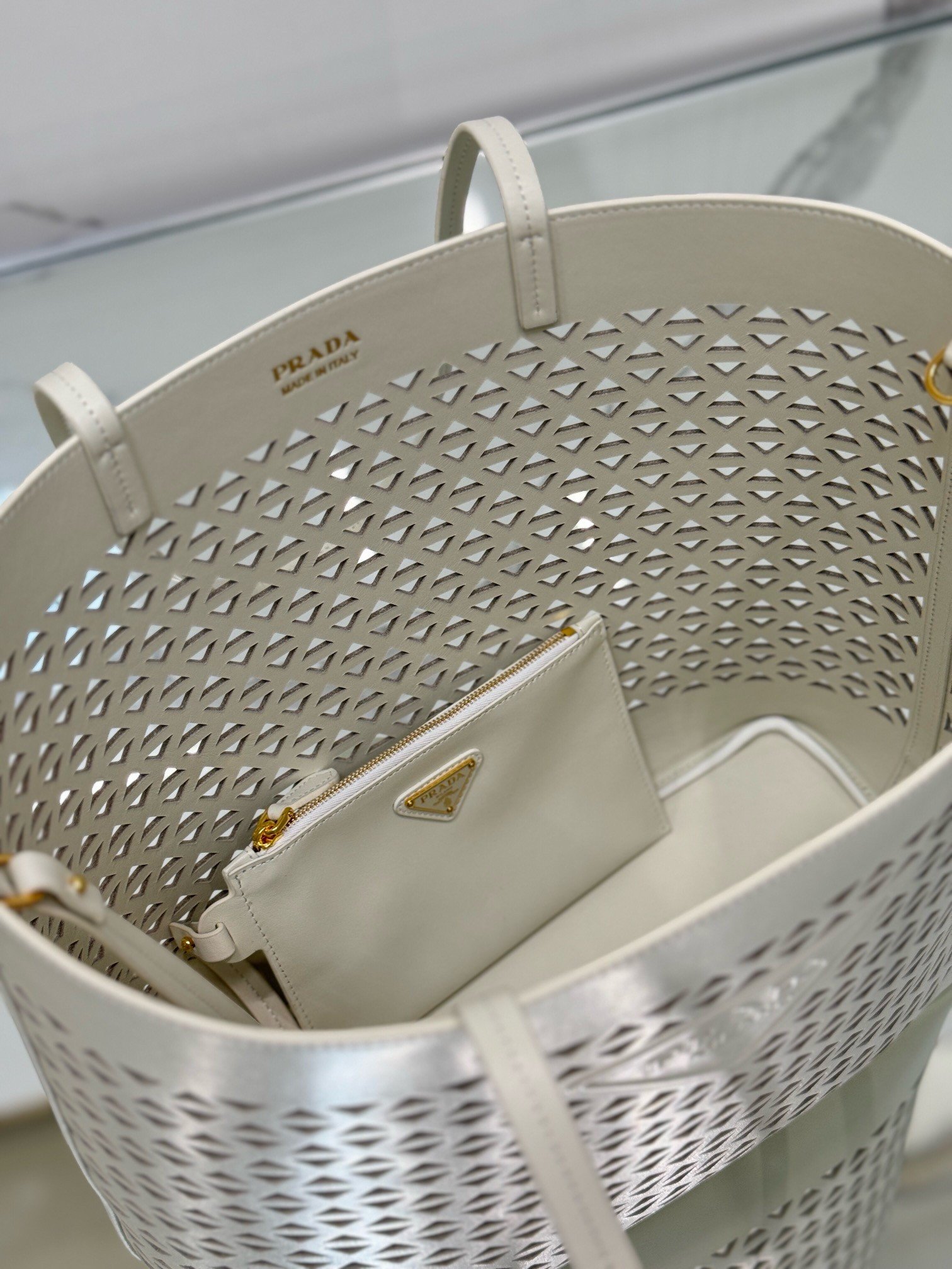 Prada Large Tote Bag in White Perforated Leather