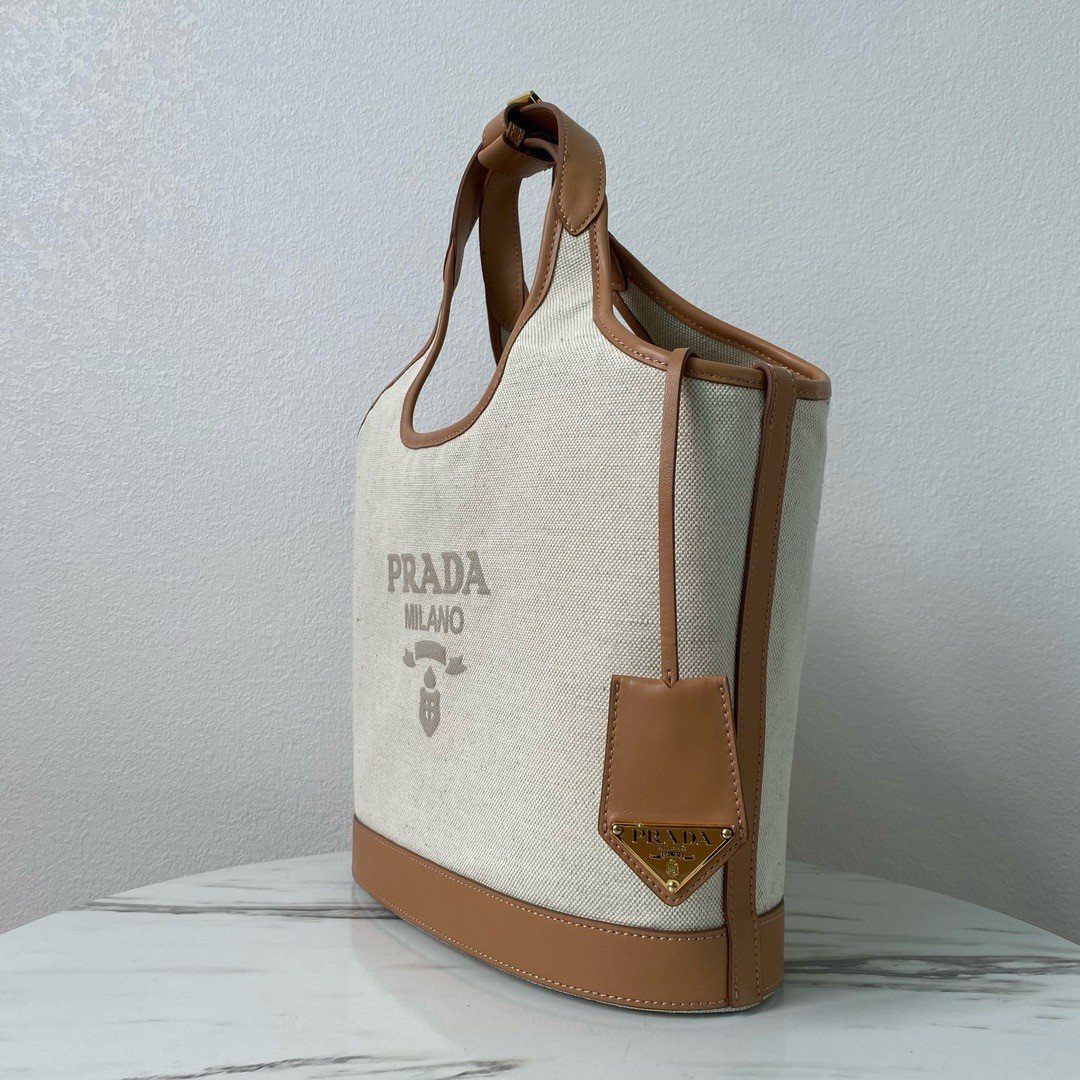 Prada Medium Tote Bag in Linen Blend and Leather