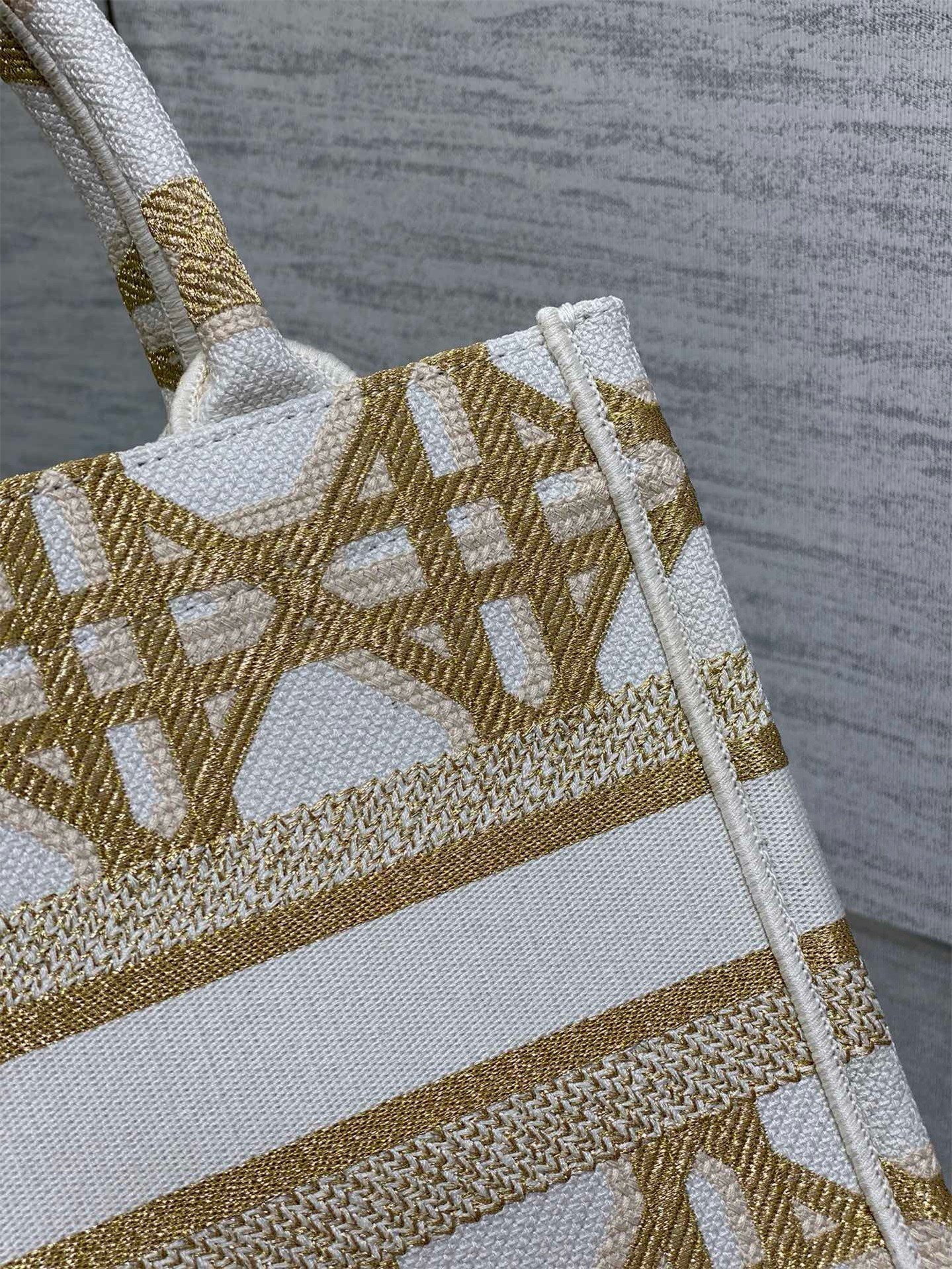 Dior Small Book Tote Bag in White and Gold Macrocannage Embroidery