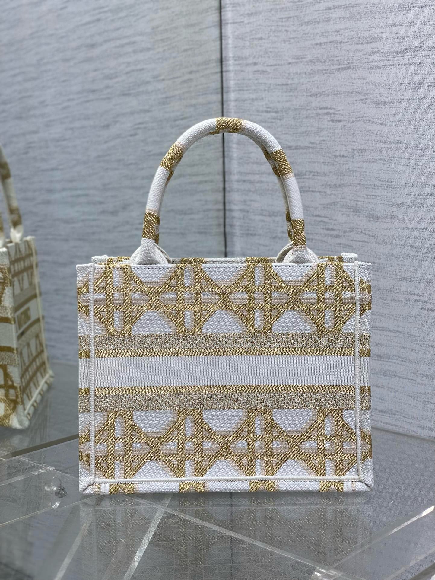 Dior Small Book Tote Bag in White and Gold Macrocannage Embroidery