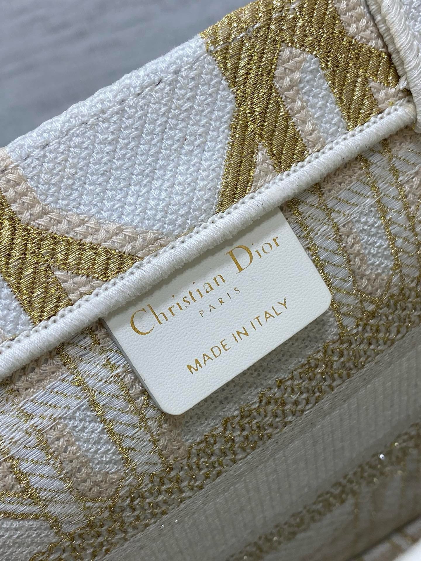 Dior Small Book Tote Bag in White and Gold Macrocannage Embroidery