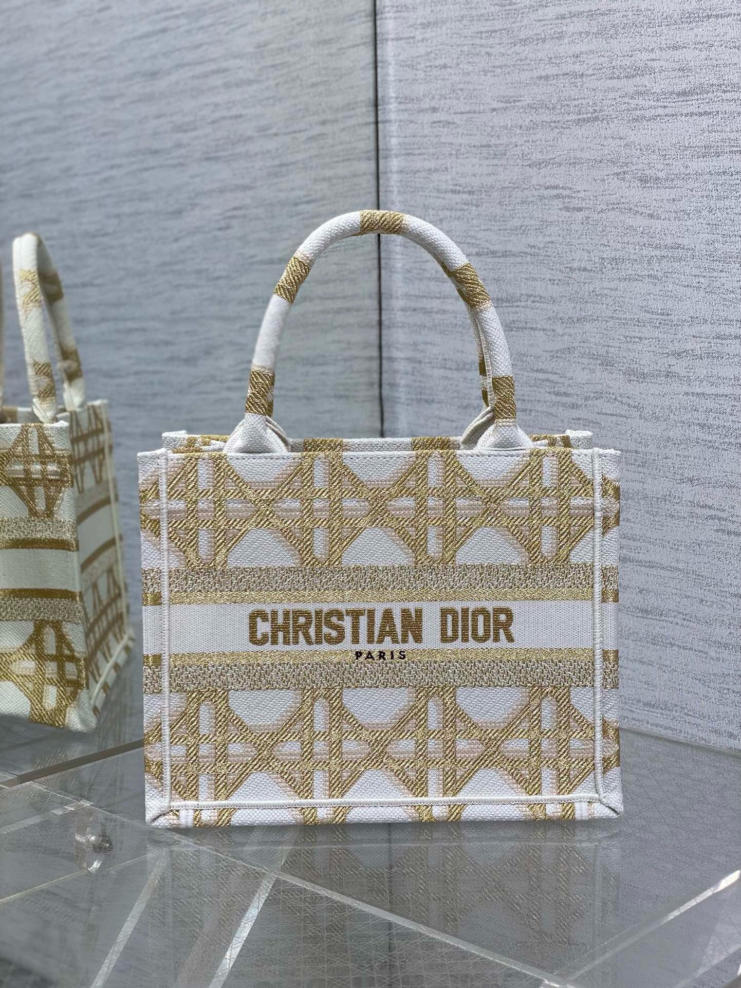 Dior Small Book Tote Bag in White and Gold Macrocannage Embroidery