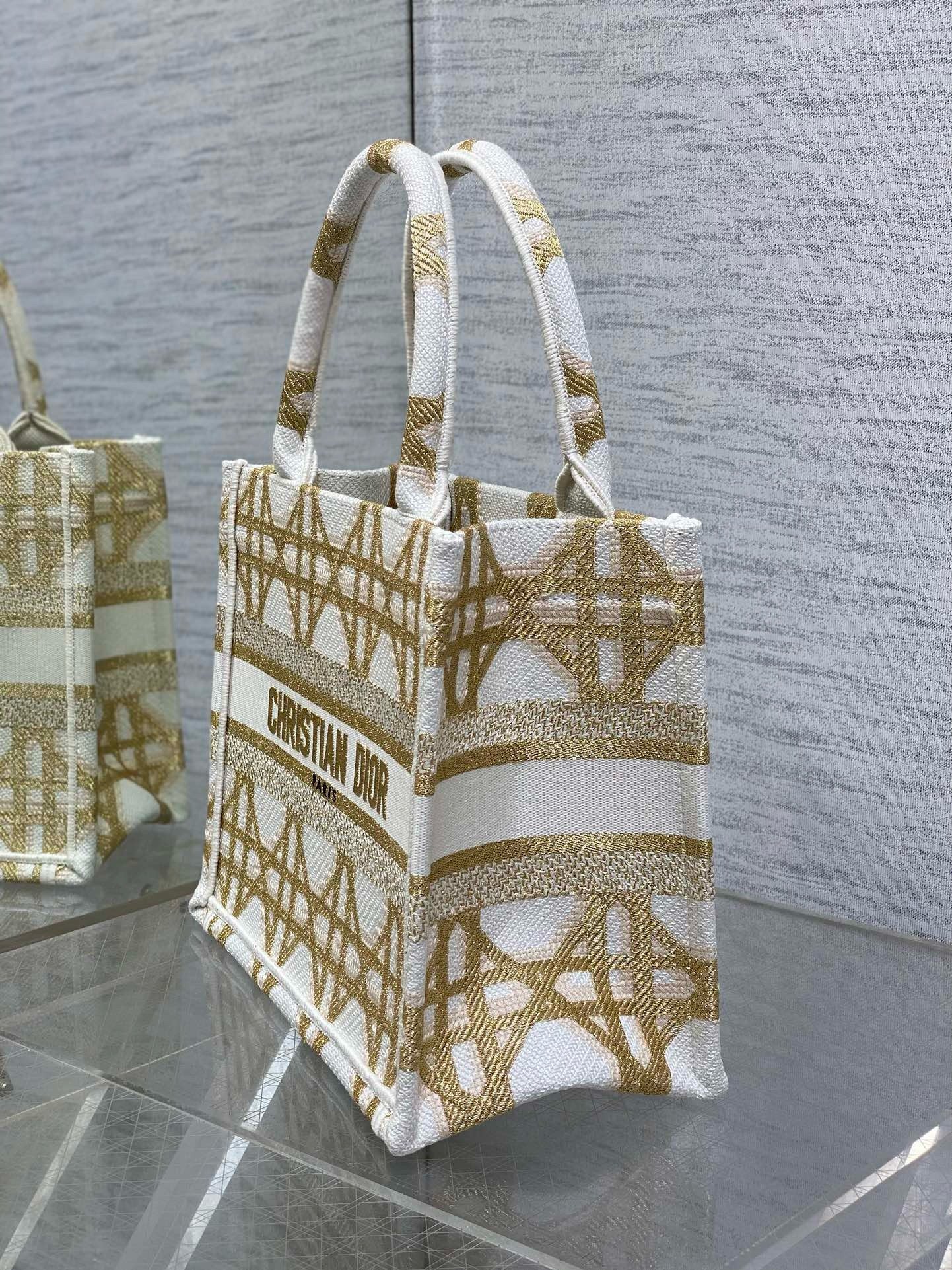 Dior Small Book Tote Bag in White and Gold Macrocannage Embroidery