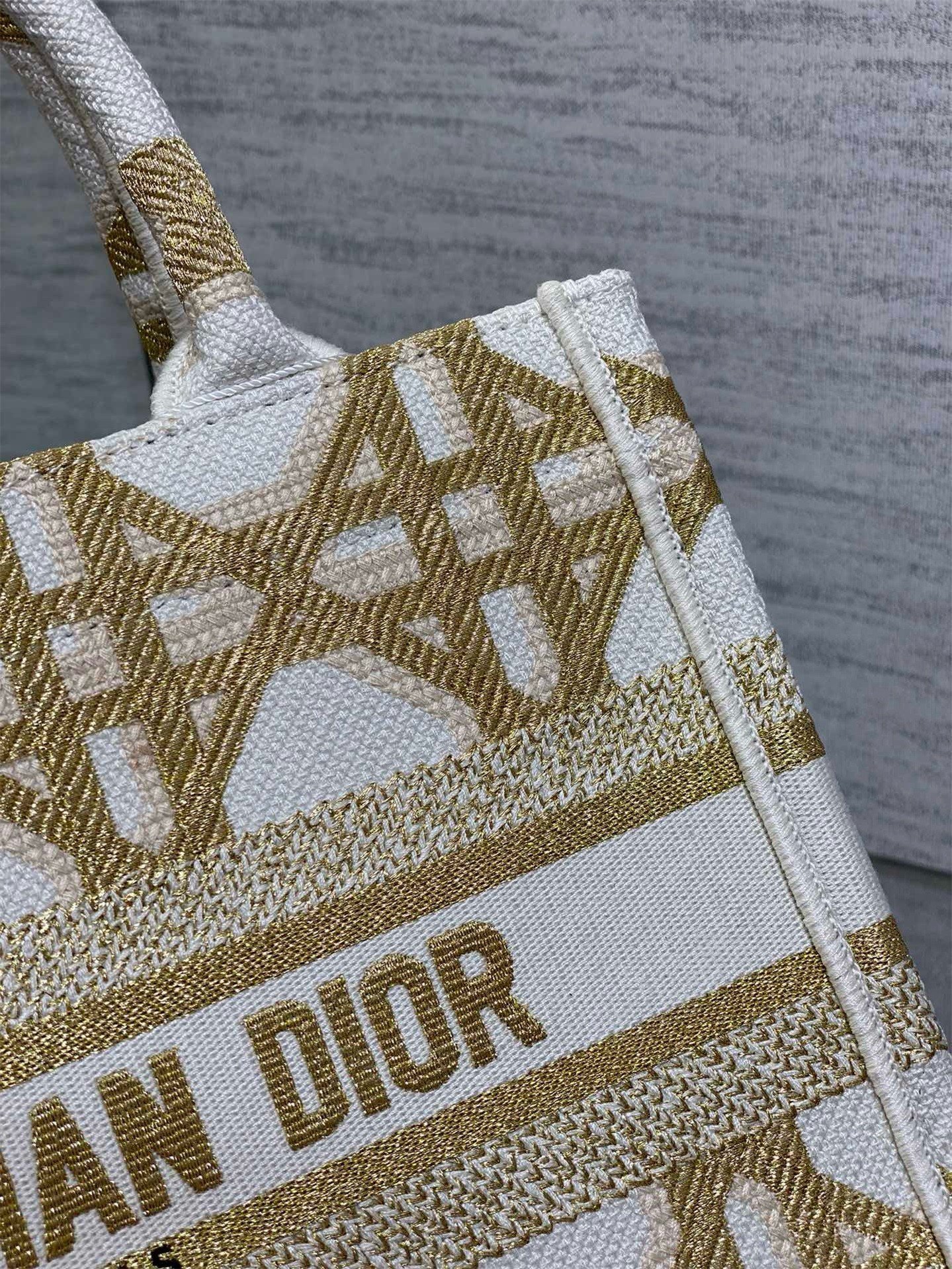 Dior Small Book Tote Bag in White and Gold Macrocannage Embroidery