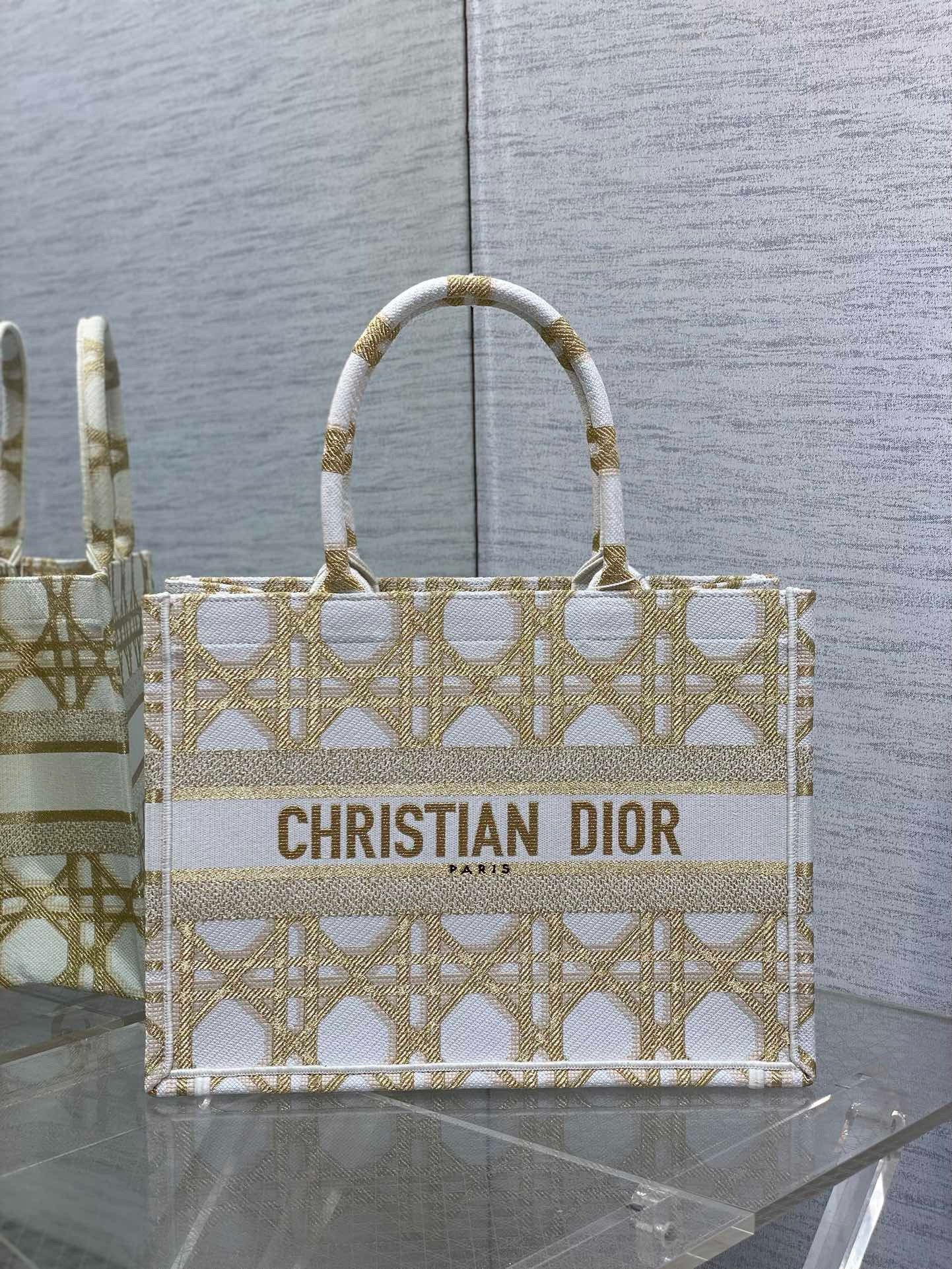 Dior Medium Book Tote Bag in White and Gold Macrocannage Embroidery