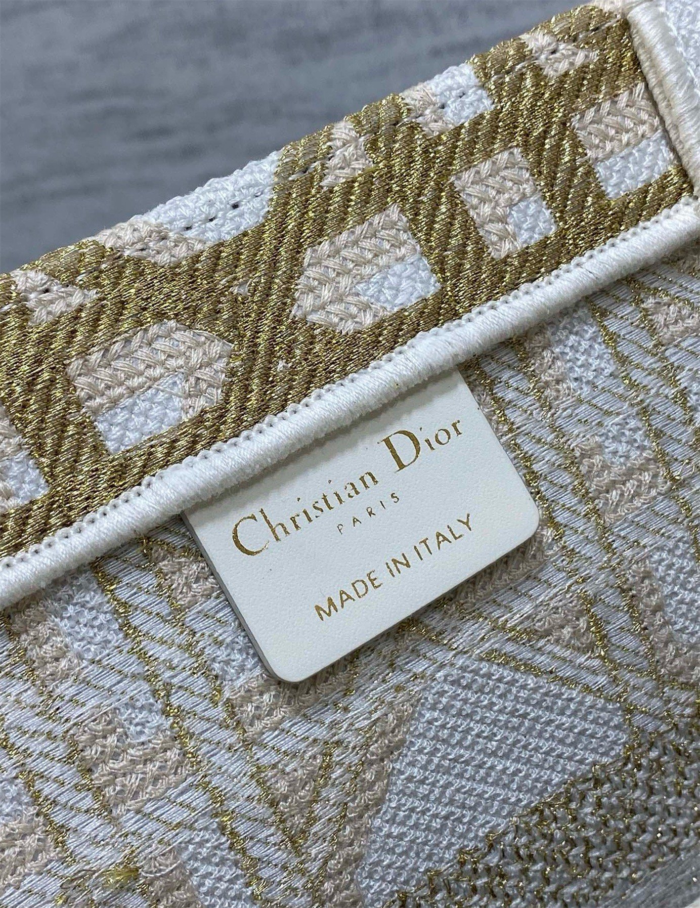 Dior Medium Book Tote Bag in White and Gold Macrocannage Embroidery