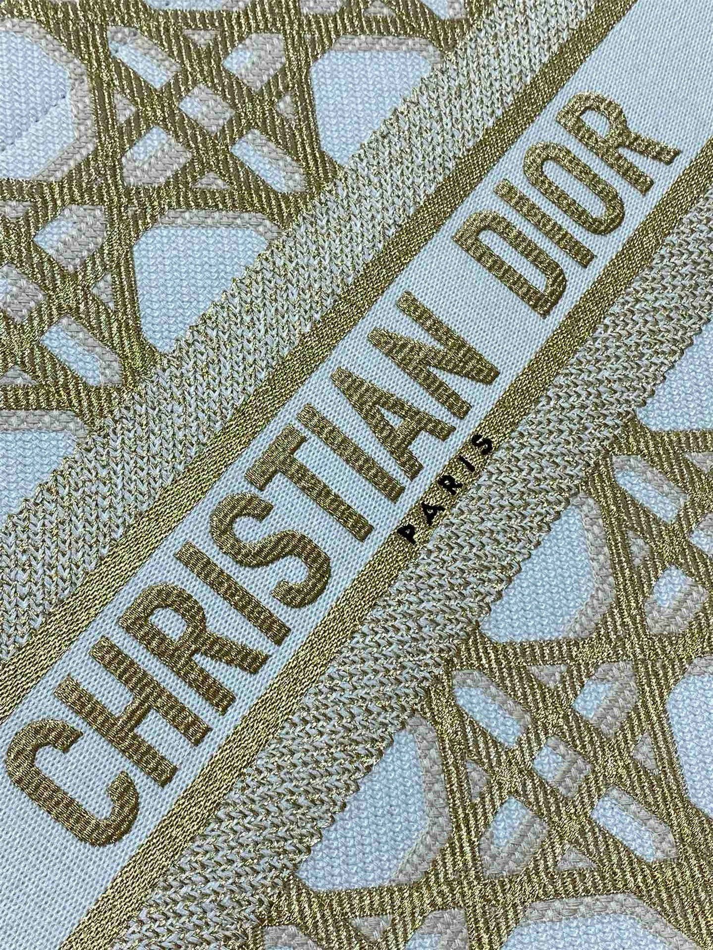 Dior Medium Book Tote Bag in White and Gold Macrocannage Embroidery