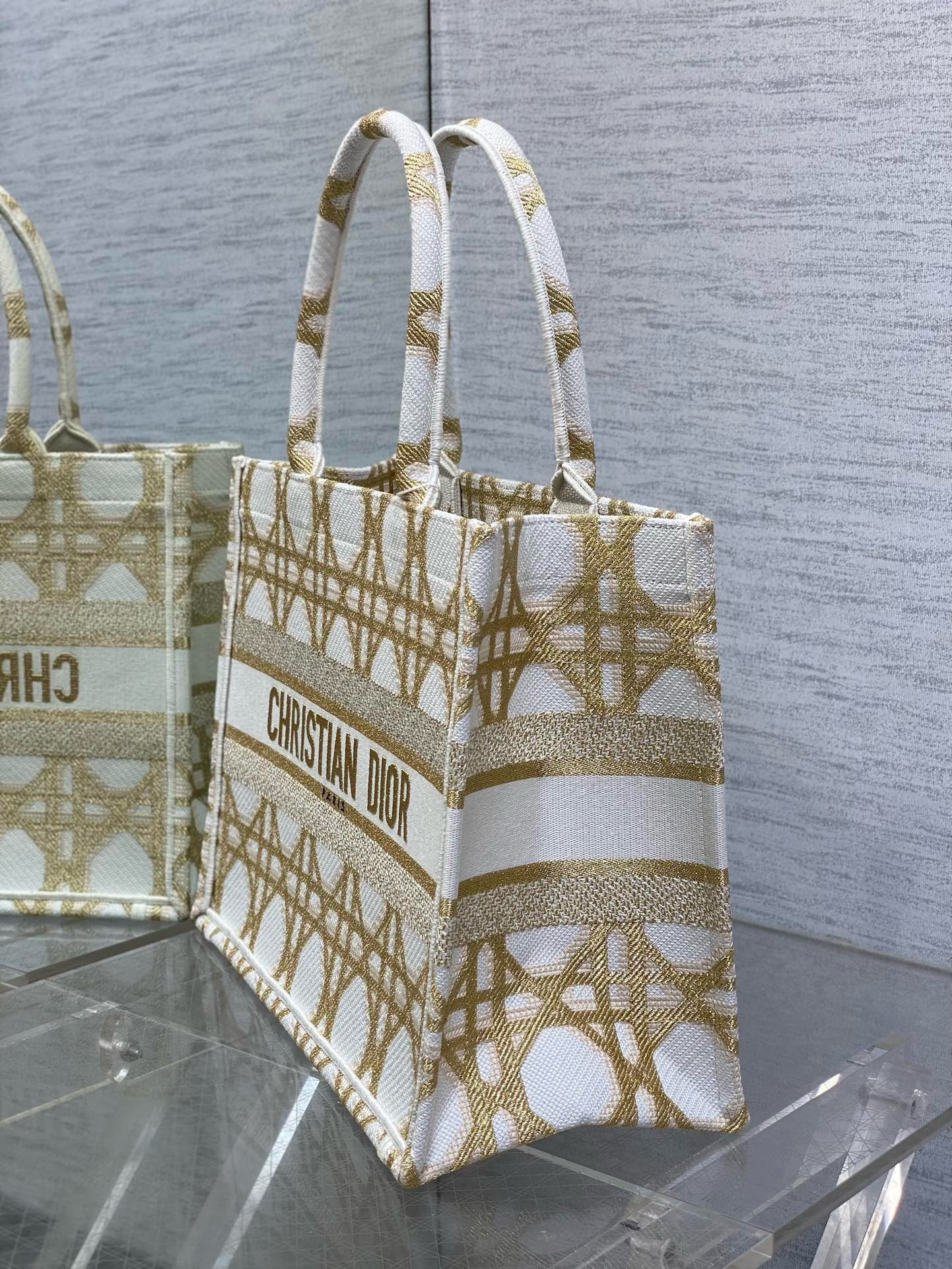 Dior Medium Book Tote Bag in White and Gold Macrocannage Embroidery