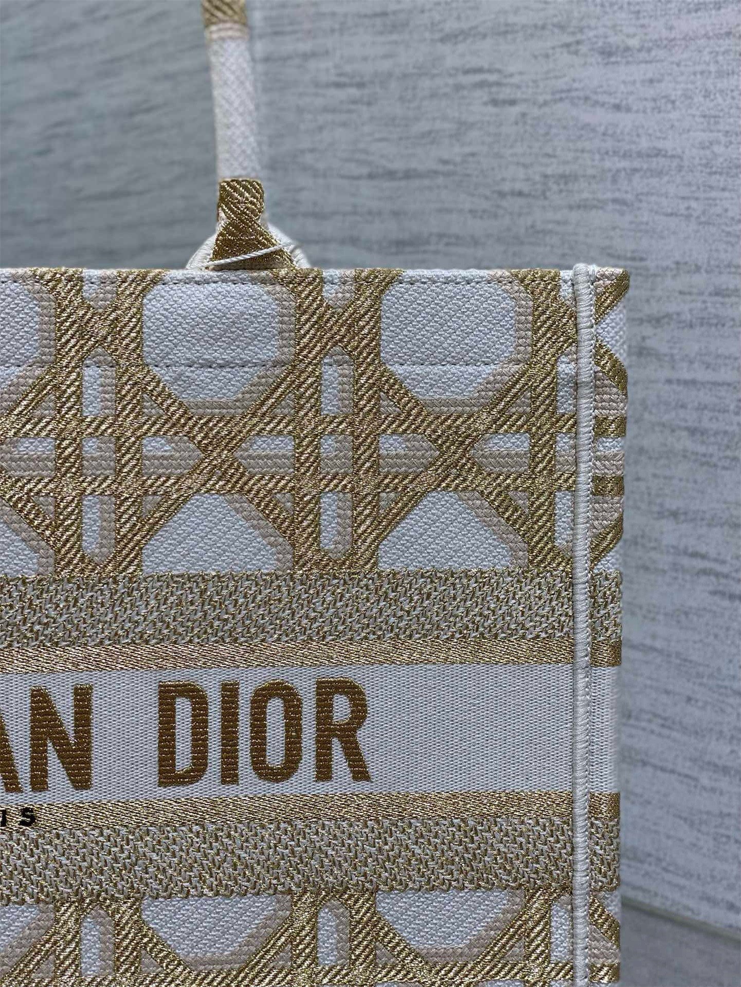 Dior Medium Book Tote Bag in White and Gold Macrocannage Embroidery