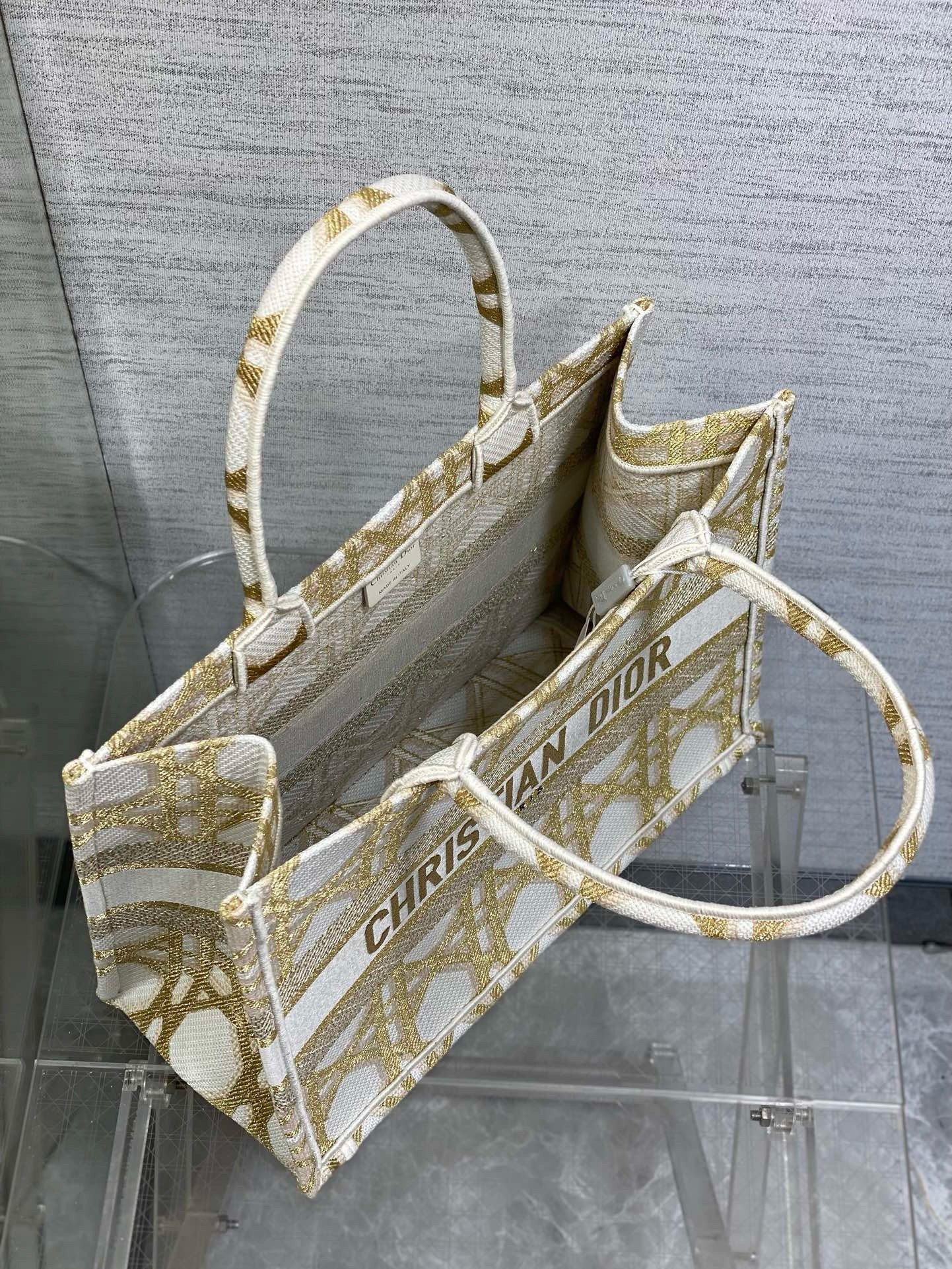 Dior Medium Book Tote Bag in White and Gold Macrocannage Embroidery