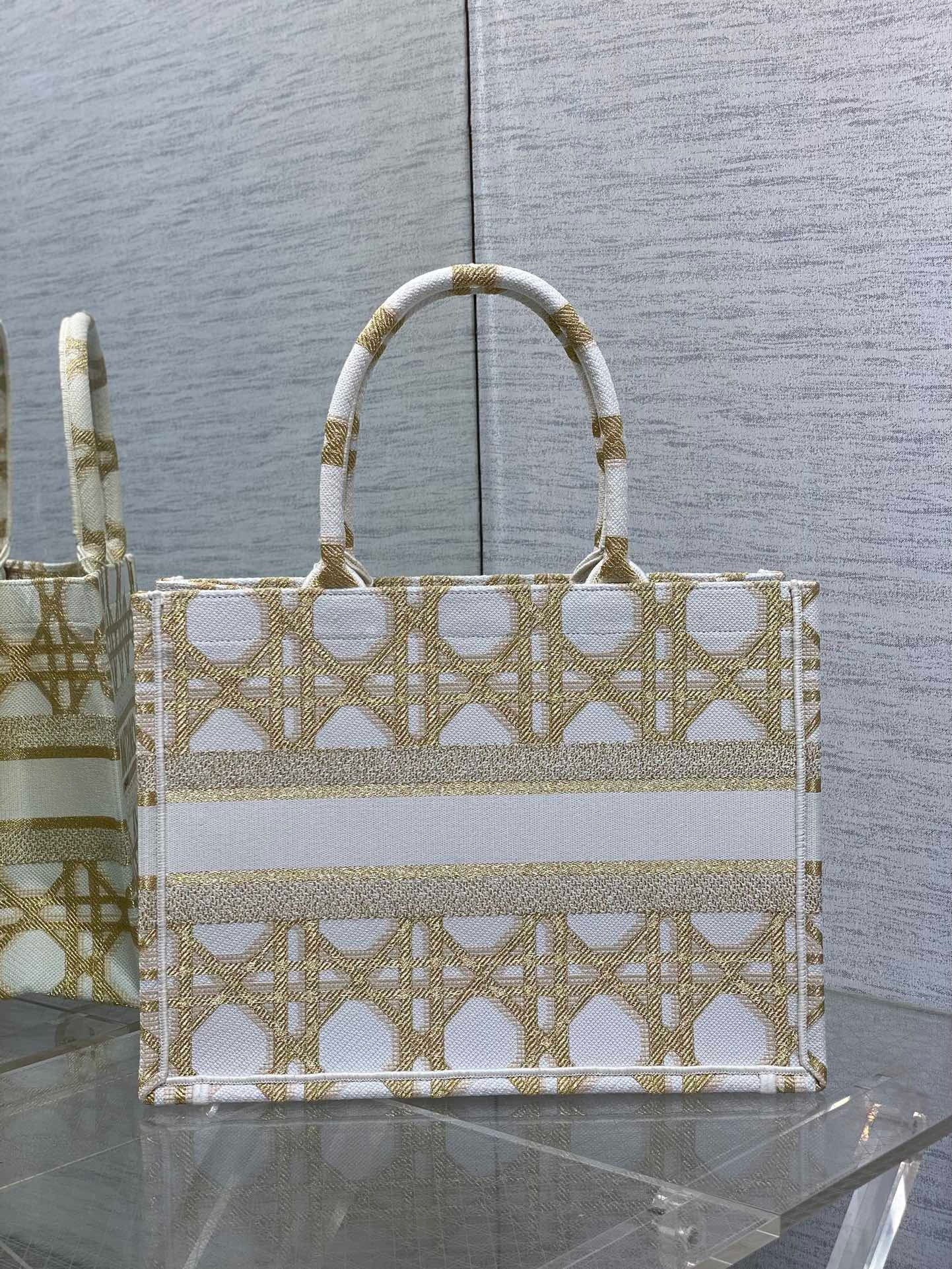 Dior Medium Book Tote Bag in White and Gold Macrocannage Embroidery