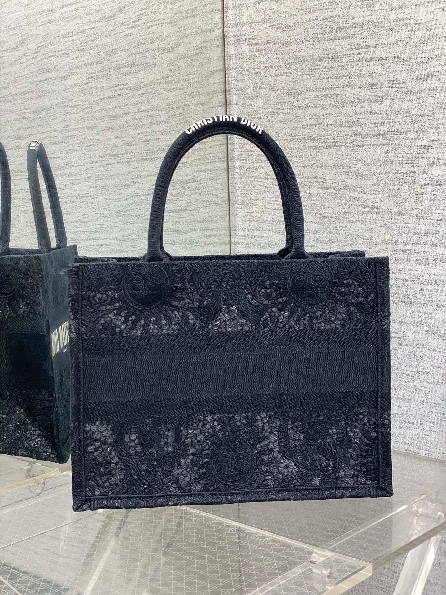 Dior Medium Book Tote Bag in Black Toile de Jouy Soleil Macramé Embroidery