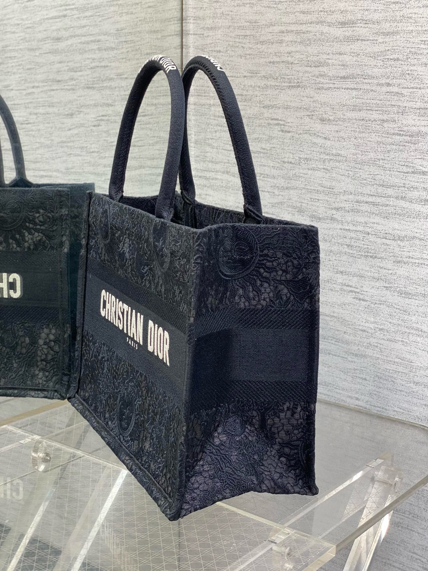 Dior Medium Book Tote Bag in Black Toile de Jouy Soleil Macramé Embroidery