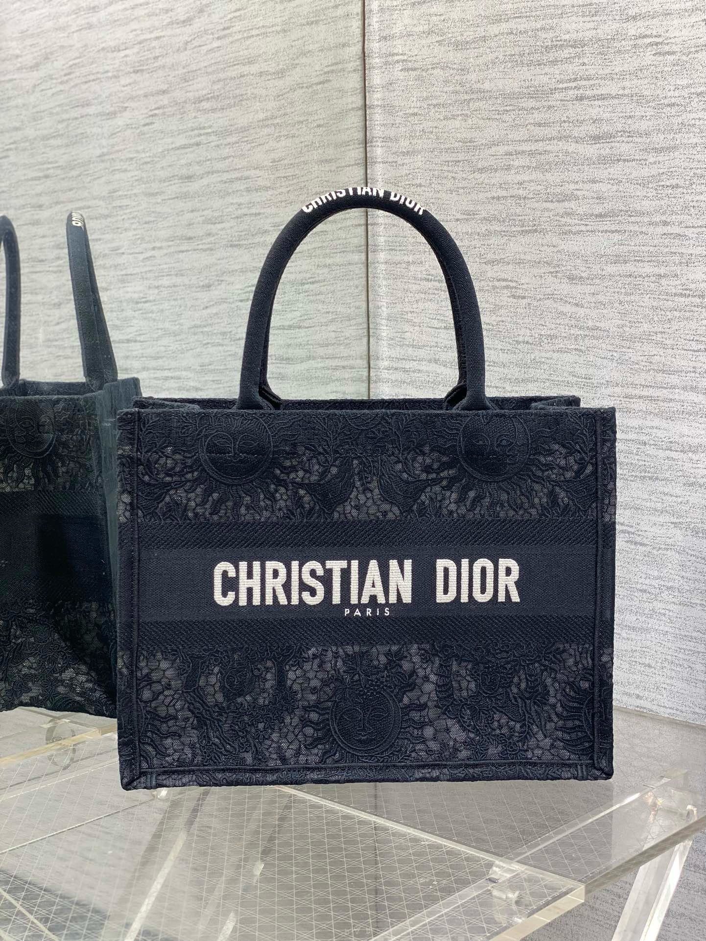 Dior Medium Book Tote Bag in Black Toile de Jouy Soleil Macramé Embroidery