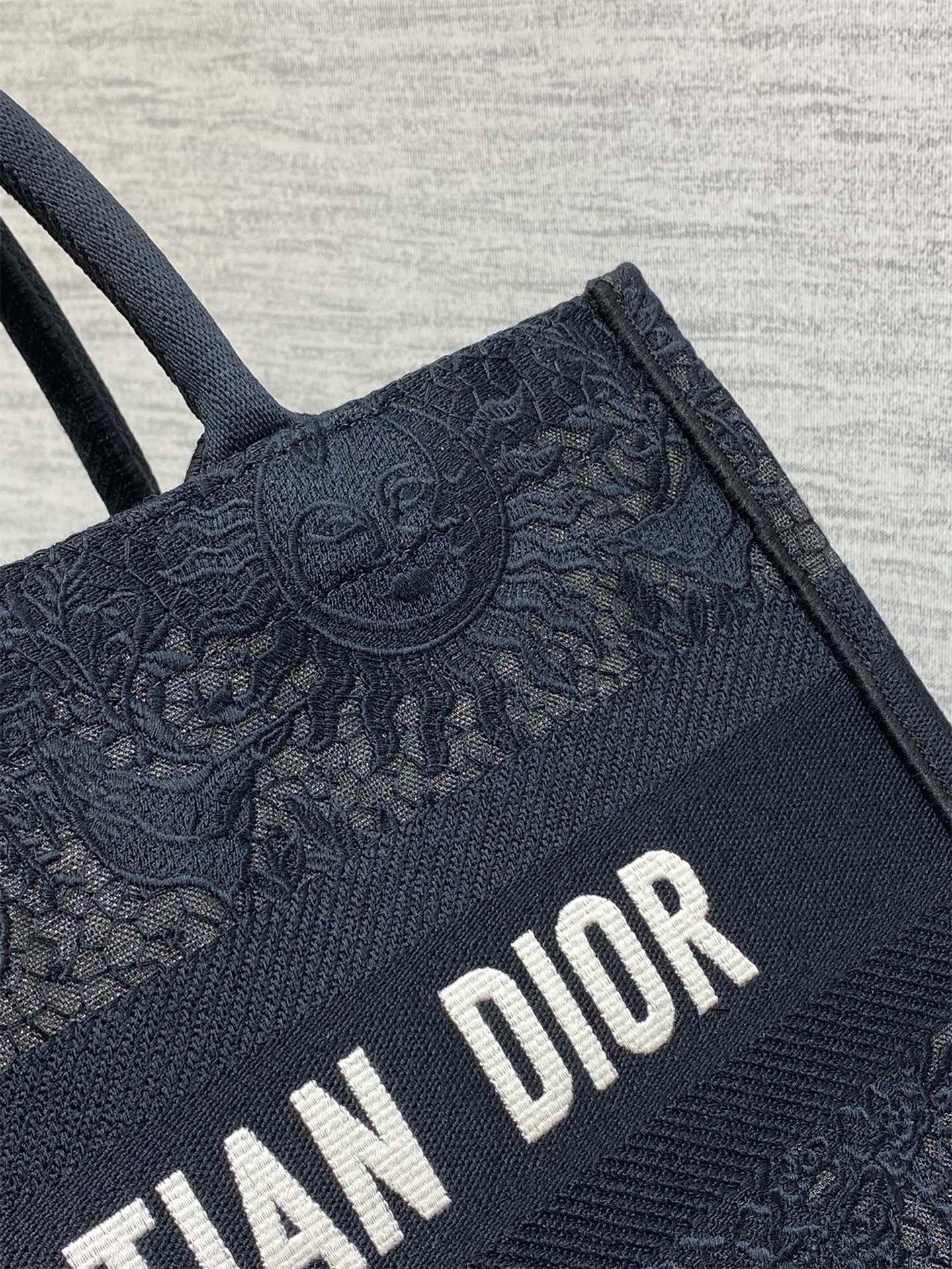 Dior Medium Book Tote Bag in Black Toile de Jouy Soleil Macramé Embroidery