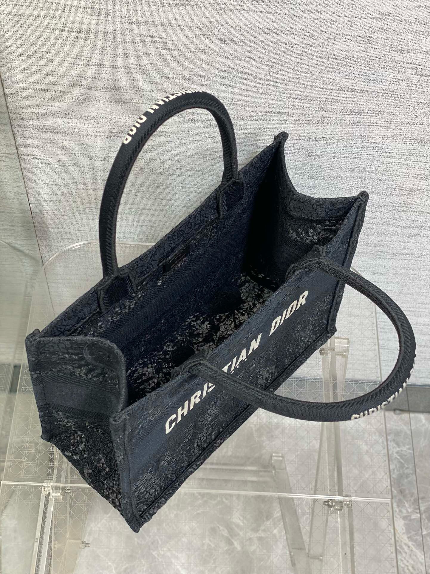 Dior Medium Book Tote Bag in Black Toile de Jouy Soleil Macramé Embroidery