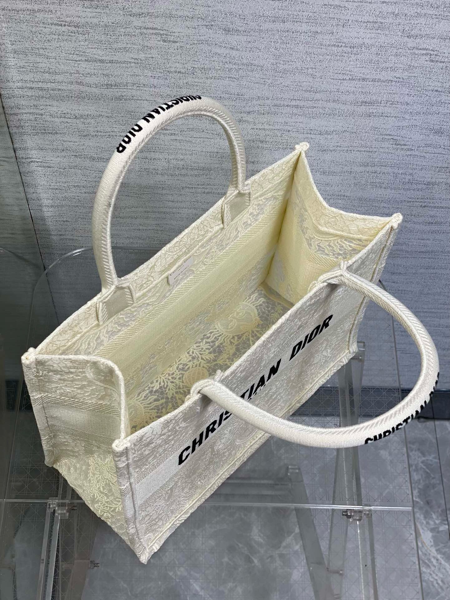 Dior Medium Book Tote Bag in White Toile de Jouy Soleil Macramé Embroidery