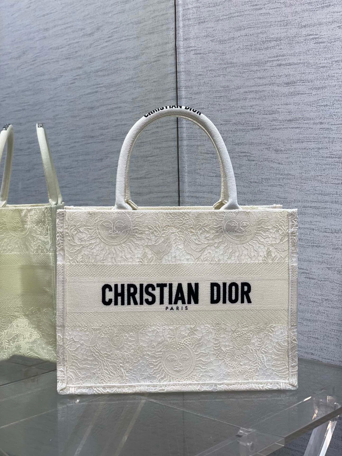 Dior Medium Book Tote Bag in White Toile de Jouy Soleil Macramé Embroidery