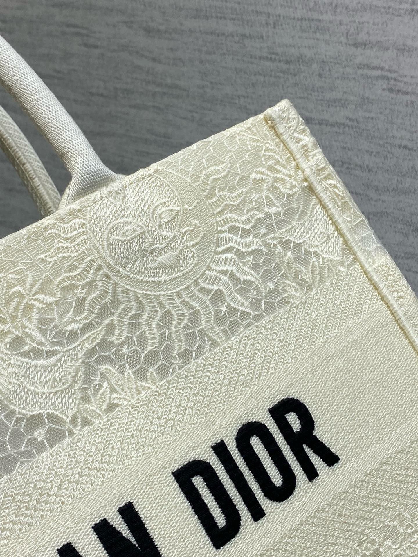 Dior Medium Book Tote Bag in White Toile de Jouy Soleil Macramé Embroidery