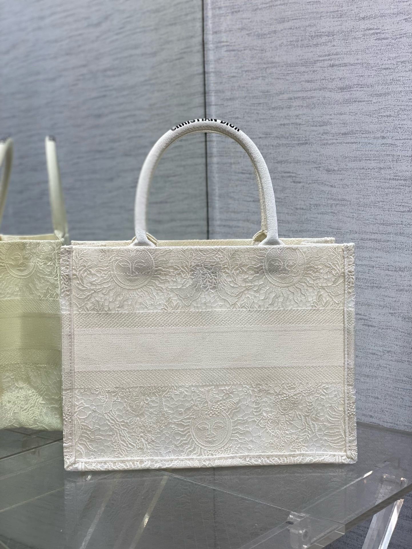 Dior Medium Book Tote Bag in White Toile de Jouy Soleil Macramé Embroidery