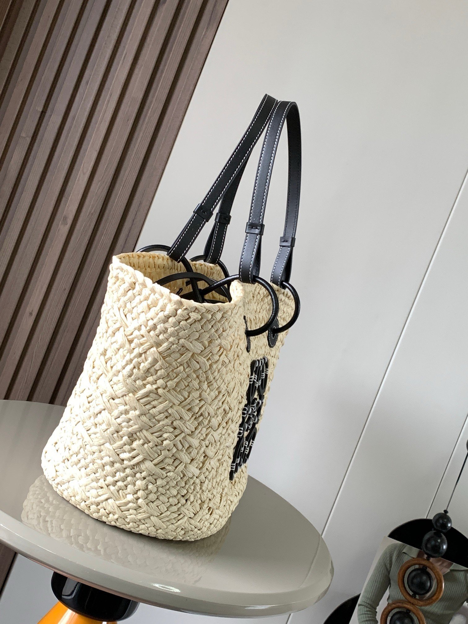 Loewe Medium Anagram Basket Bag in Iraca Palm and Black Calfskin