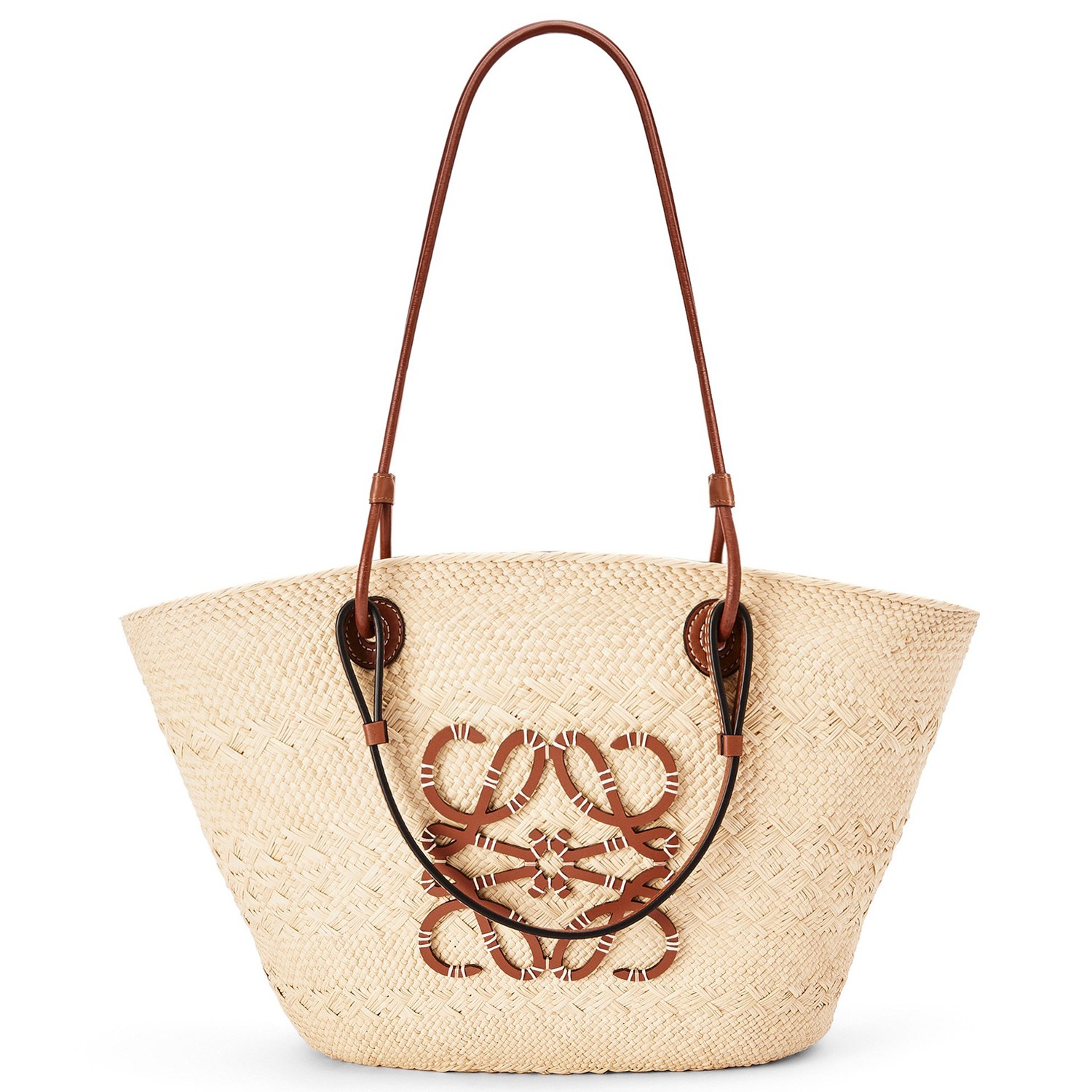 Loewe Medium Anagram Basket Bag in Iraca Palm and Brown Calfskin