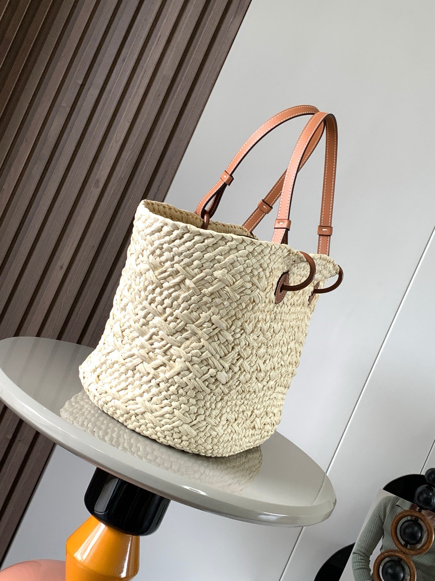 Loewe Medium Anagram Basket Bag in Iraca Palm and Brown Calfskin