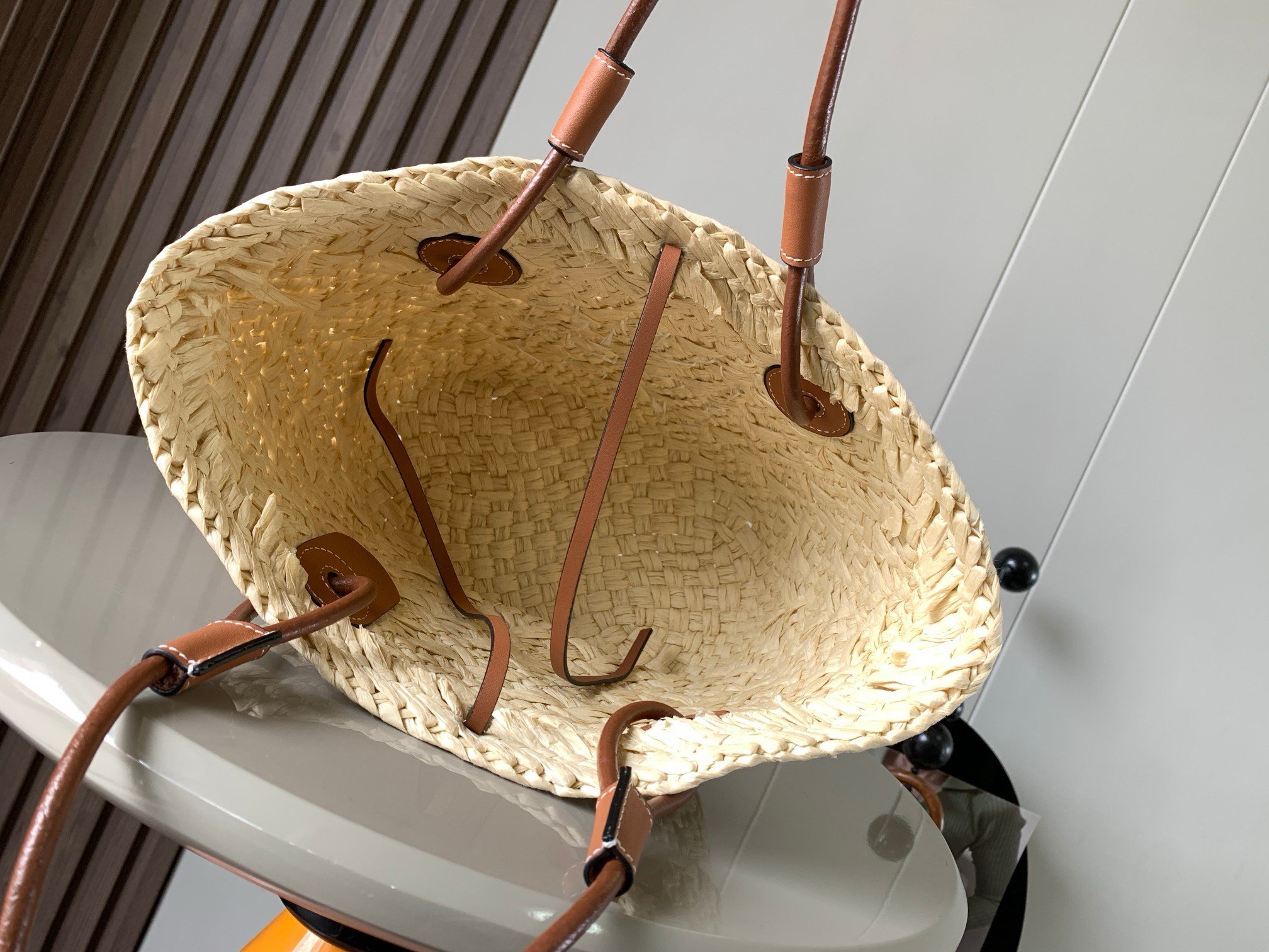 Loewe Small Anagram Basket Bag in Iraca Palm and Brown Calfskin