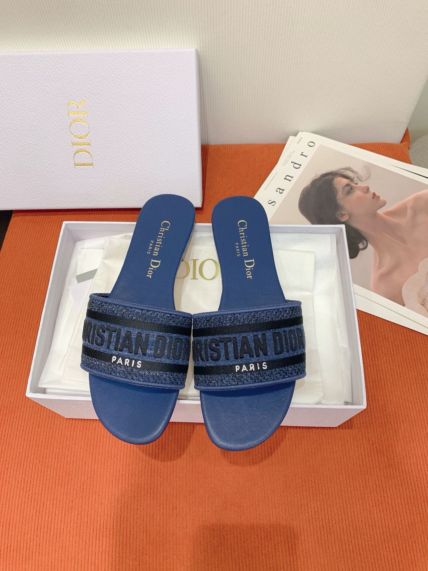 Dior Dway Slides in Blue Embroidered Cotton Denim