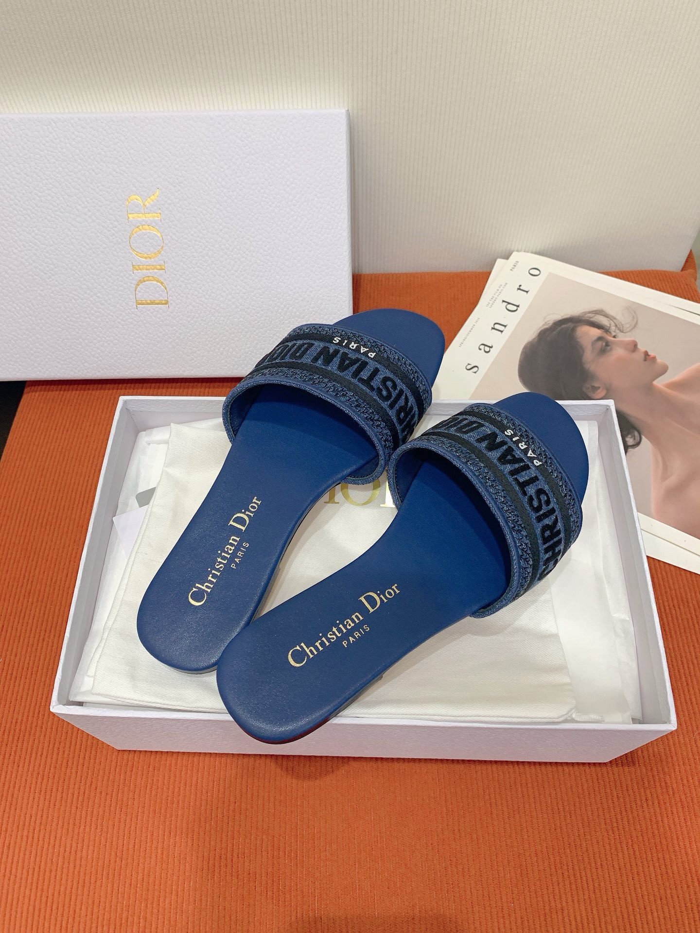 Dior Dway Slides in Blue Embroidered Cotton Denim