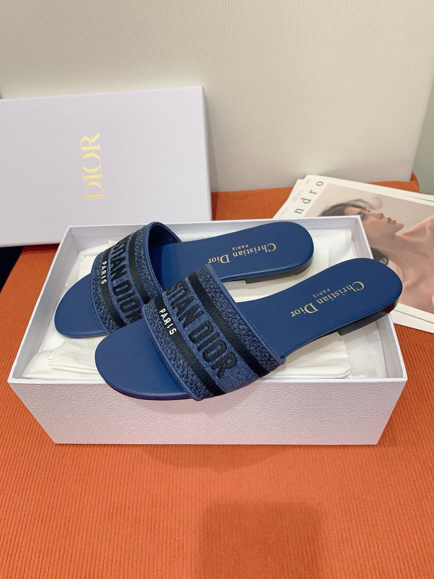 Dior Dway Slides in Blue Embroidered Cotton Denim