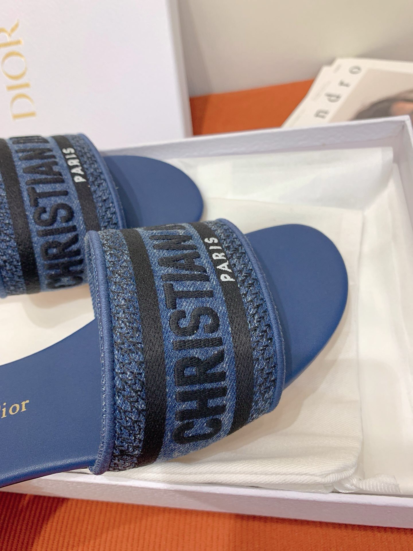 Dior Dway Slides in Blue Embroidered Cotton Denim