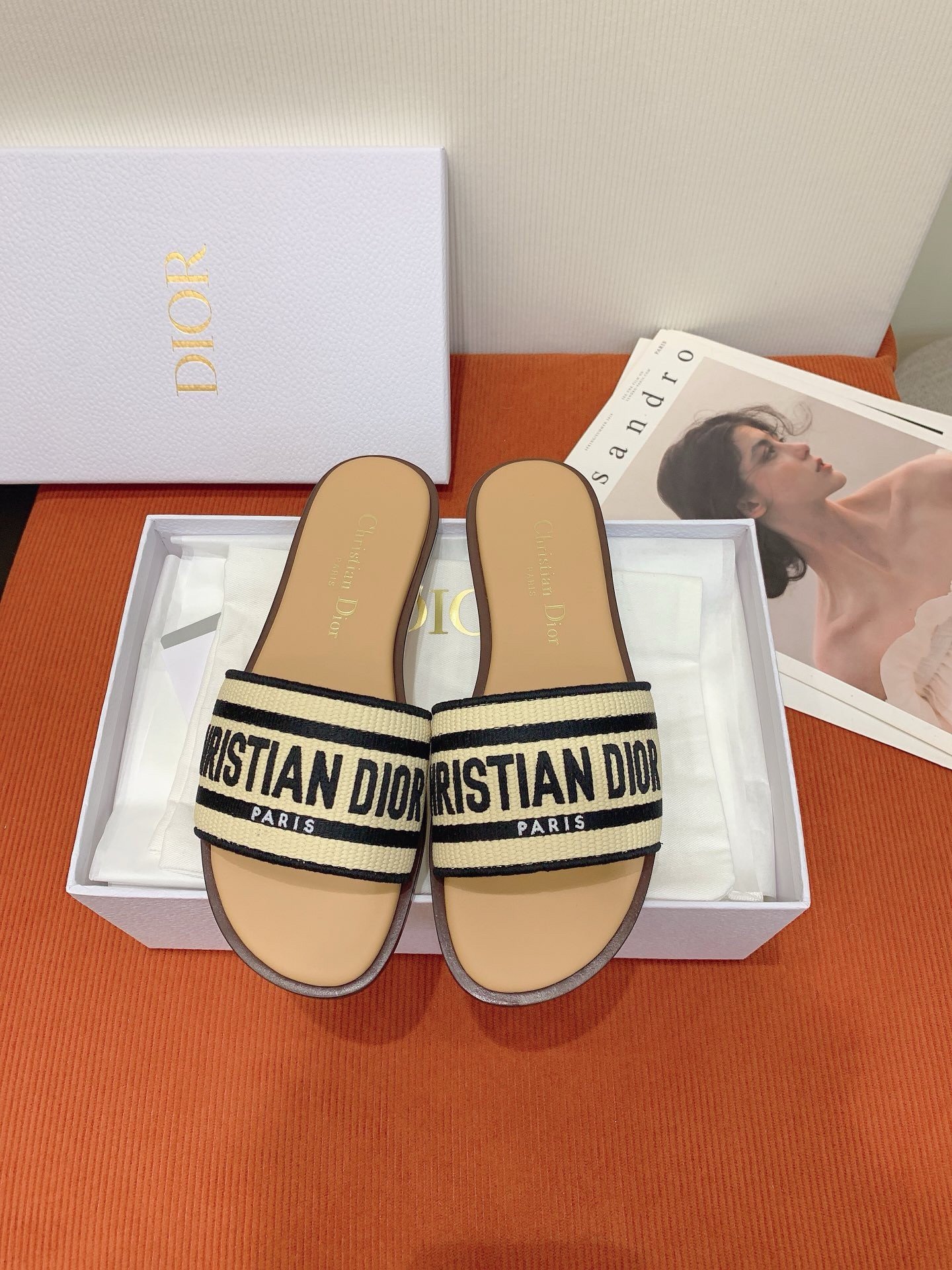 Dior Dway Slides in Natural Raffia and Embroidered Cotton