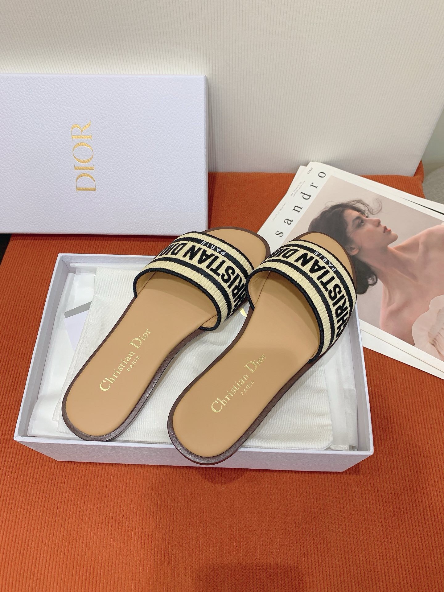 Dior Dway Slides in Natural Raffia and Embroidered Cotton