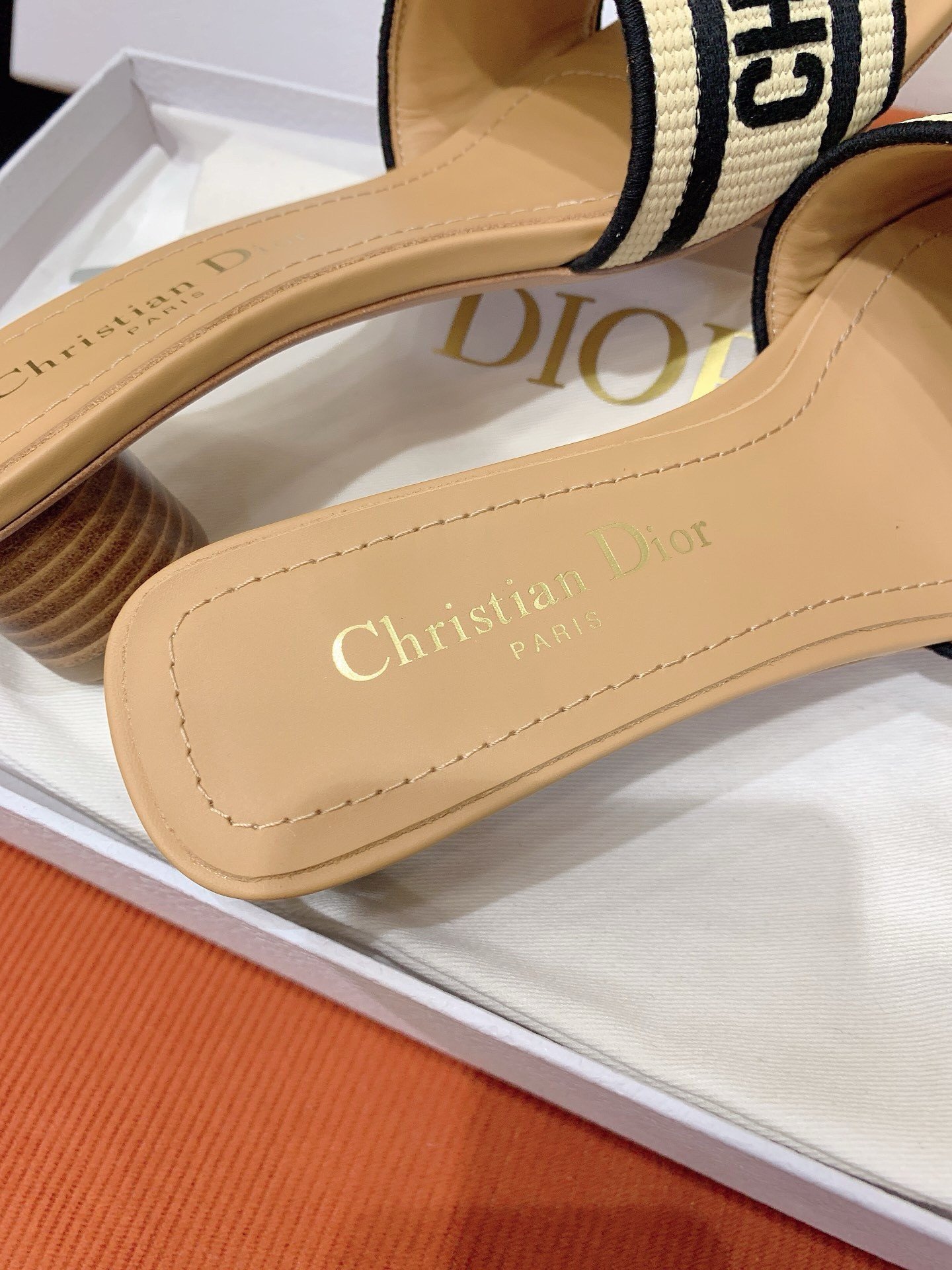 Dior Dway Heeled 35MM Slides in Natural Raffia and Embroidered Cotton