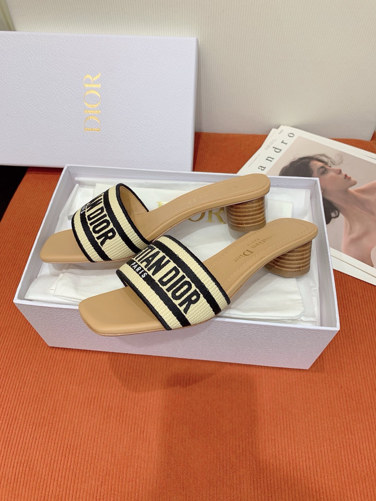 Dior Dway Heeled 35MM Slides in Natural Raffia and Embroidered Cotton