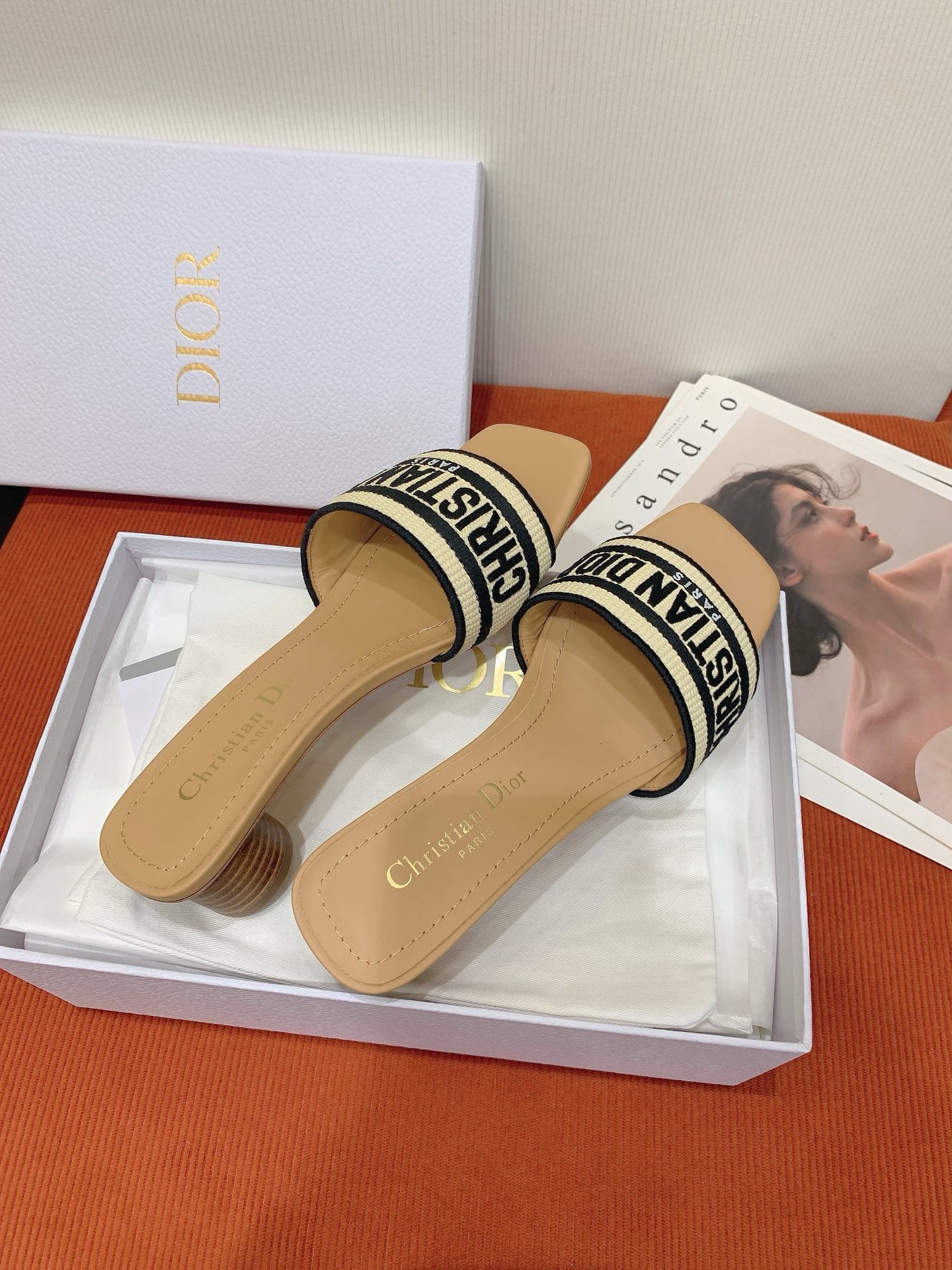 Dior Dway Heeled 35MM Slides in Natural Raffia and Embroidered Cotton